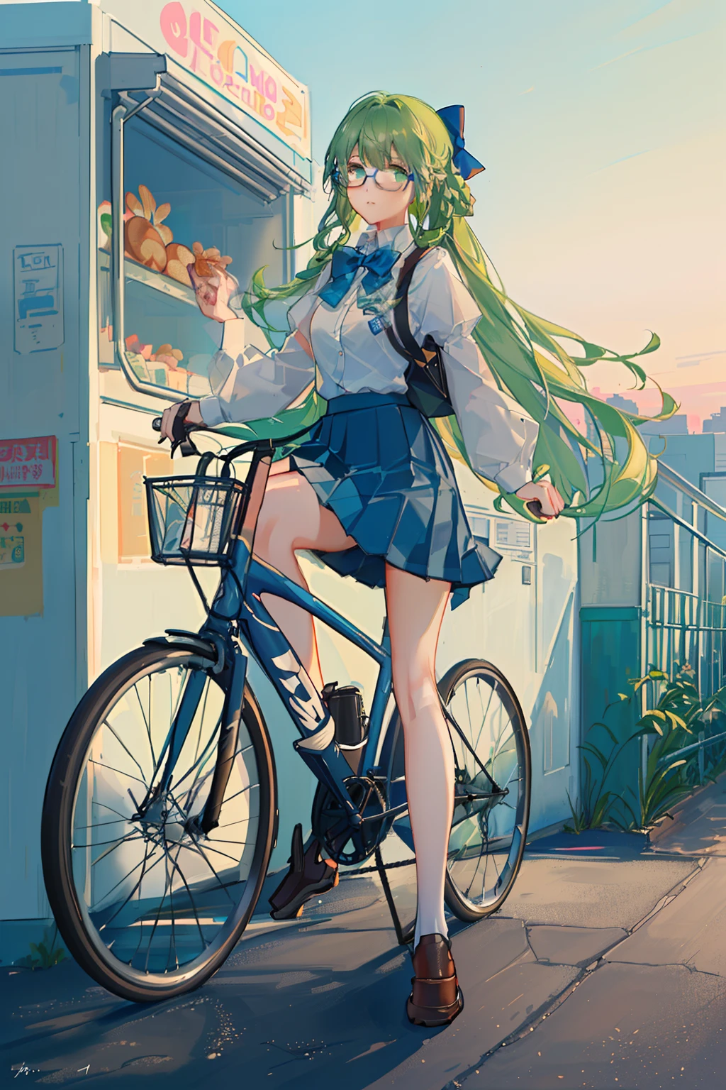4K, best quality, 1 girl, 18 years old, light green hair, double Fried Dough Twists braids, low Fried Dough Twists braids, dark blue bow tie. Dark blue pleated skirt, strap on skirt, glasses, vitality, vitality, girl, campus, cycling on campus, cycling, returning home from school, dusk, sunset light
