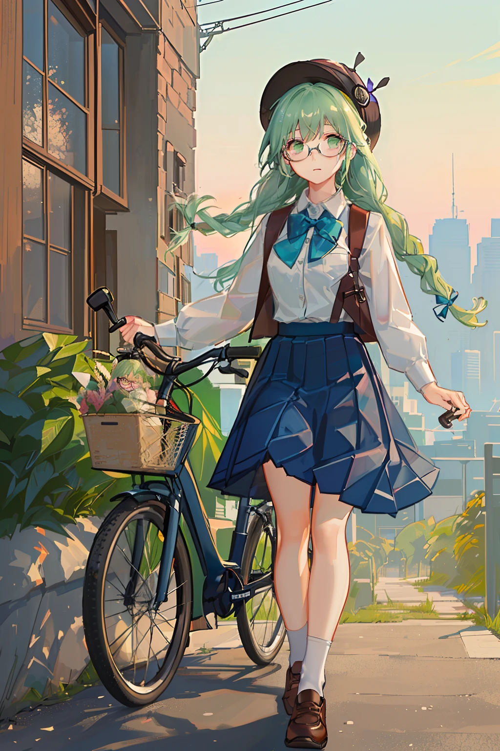 4K, best quality, 1 girl, 18 years old, light green hair, double Fried Dough Twists braids, low Fried Dough Twists braids, dark blue bow tie. Dark blue pleated skirt, strap on skirt, glasses, vitality, vitality, girl, campus, cycling on campus, cycling, returning home from school, dusk, sunset light