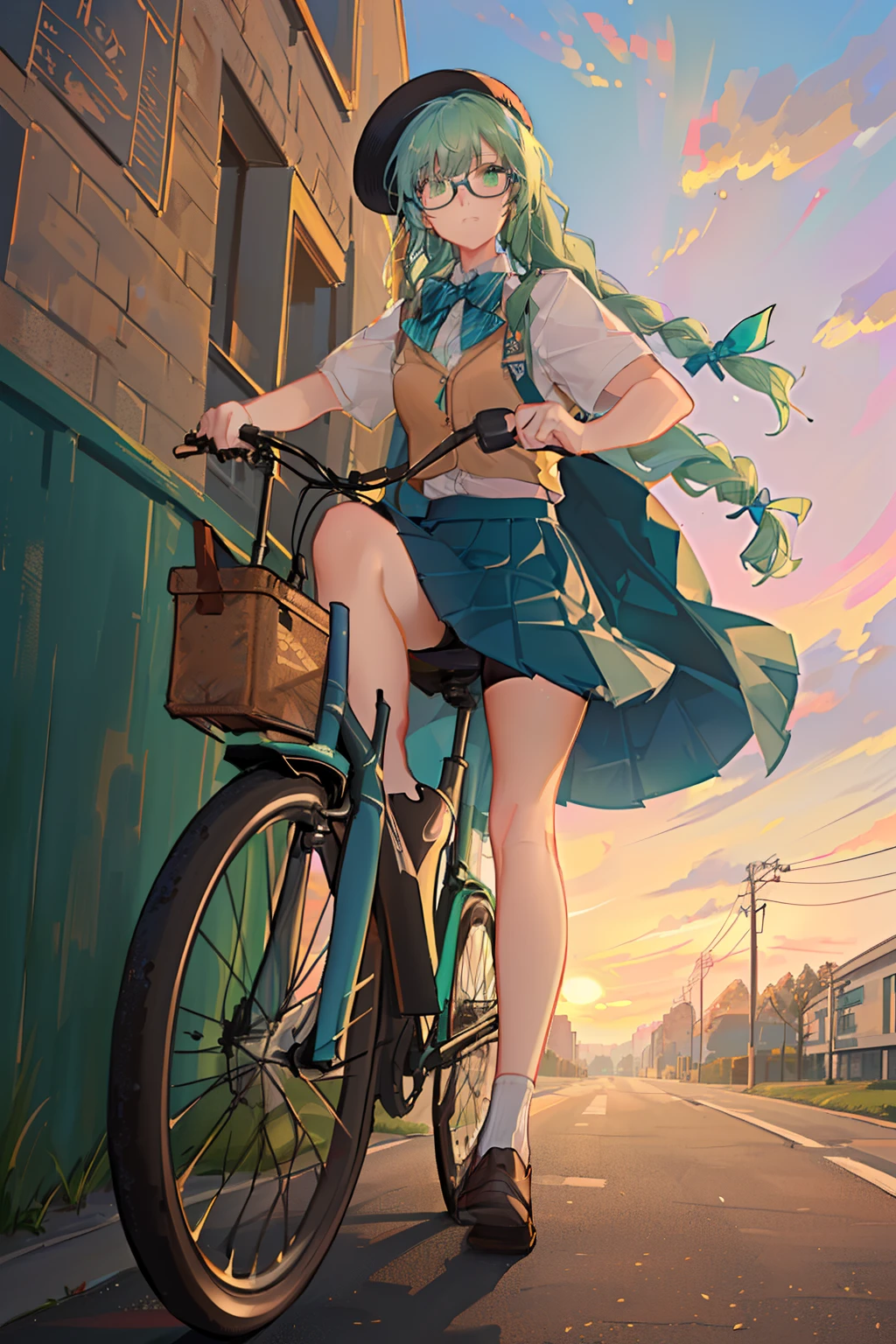 4K, best quality, 1 girl, 18 years old, light green hair, double Fried Dough Twists braids, low Fried Dough Twists braids, dark blue bow tie. Dark blue pleated skirt, strap on skirt, glasses, vitality, vitality, girl, campus, cycling on campus, cycling, returning home from school, dusk, sunset light