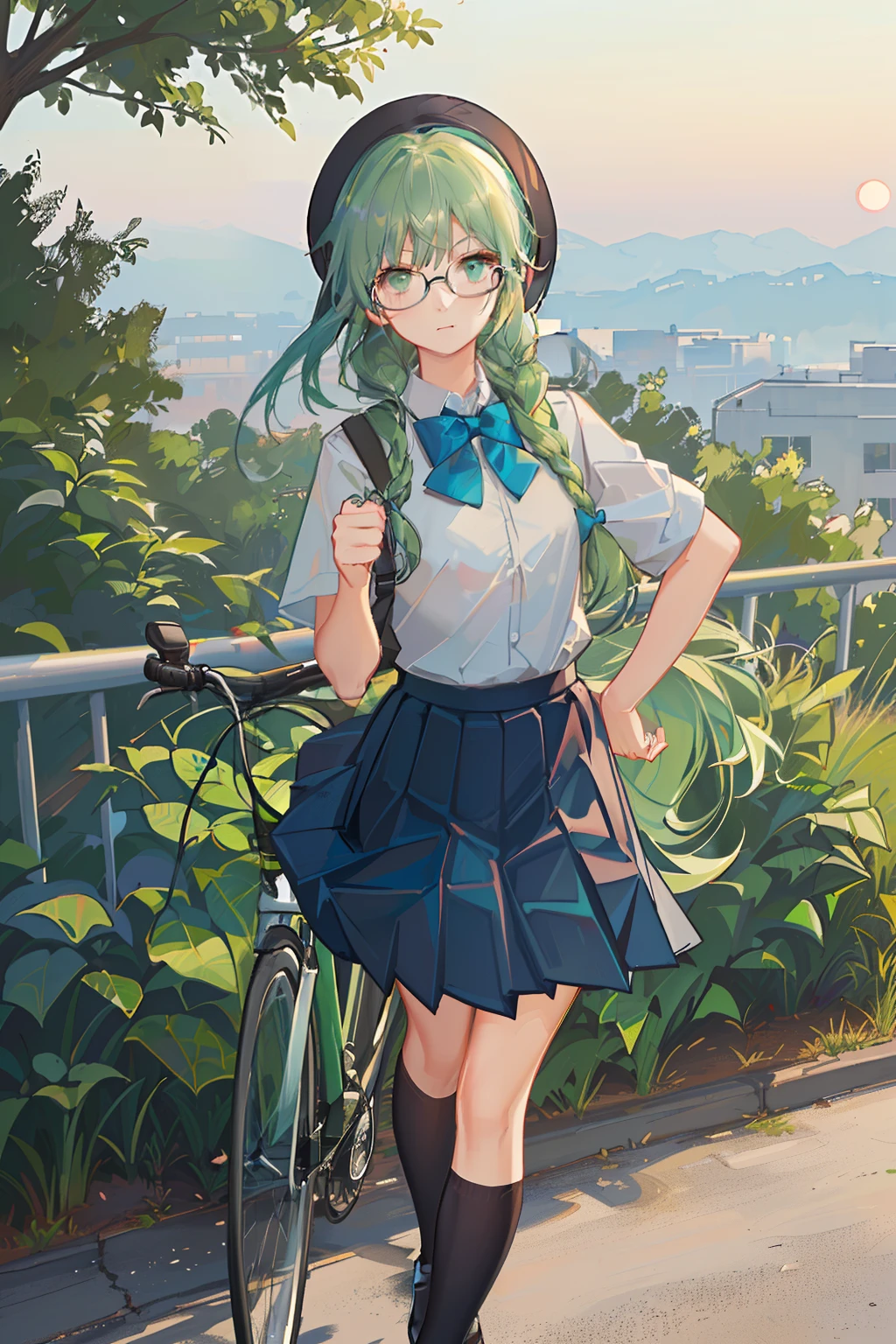 4K, best quality, 1 girl, 18 years old, light green hair, double Fried Dough Twists braids, low Fried Dough Twists braids, dark blue bow tie. Dark blue pleated skirt, strap on skirt, glasses, vitality, vitality, girl, campus, cycling on campus, cycling, returning home from school, dusk, sunset light