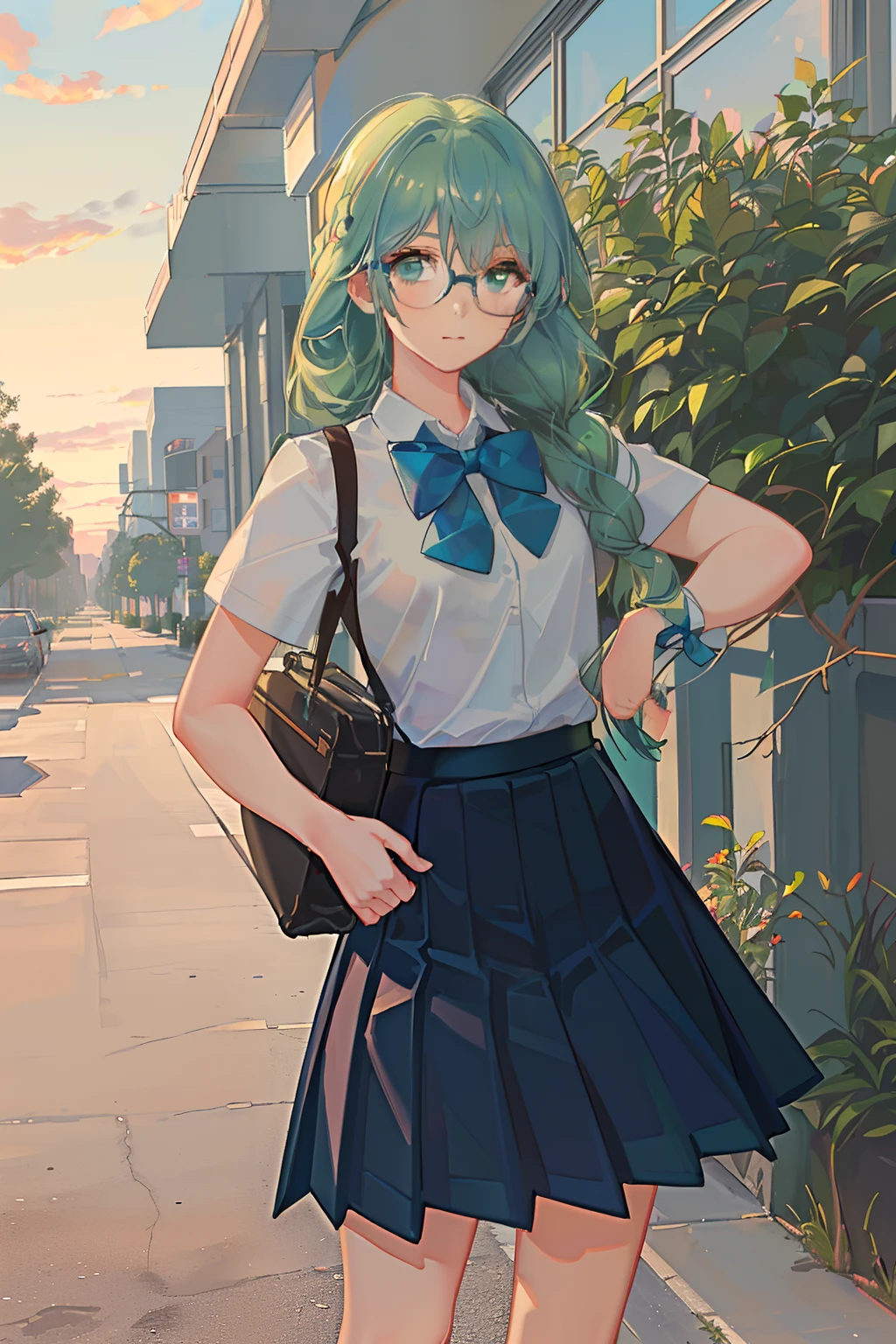 4K, best quality, 1 girl, 18 years old, light green hair, double Fried Dough Twists braids, low Fried Dough Twists braids, dark blue bow tie. Dark blue pleated skirt, strap on skirt, glasses, vitality, vitality, girl, campus, cycling on campus, cycling, returning home from school, dusk, sunset light