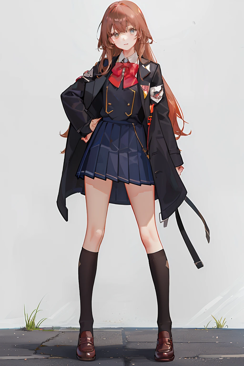 4K, best quality, 1 girl, 18 years old, chestnut hair, waist length hair, 3/4 bangs, long sideburns, red bow tie, brown school uniform coat, pig liver checkered pleated skirt, girl, black calf socks, leather shoes, street, outdoor, sun, blue sky