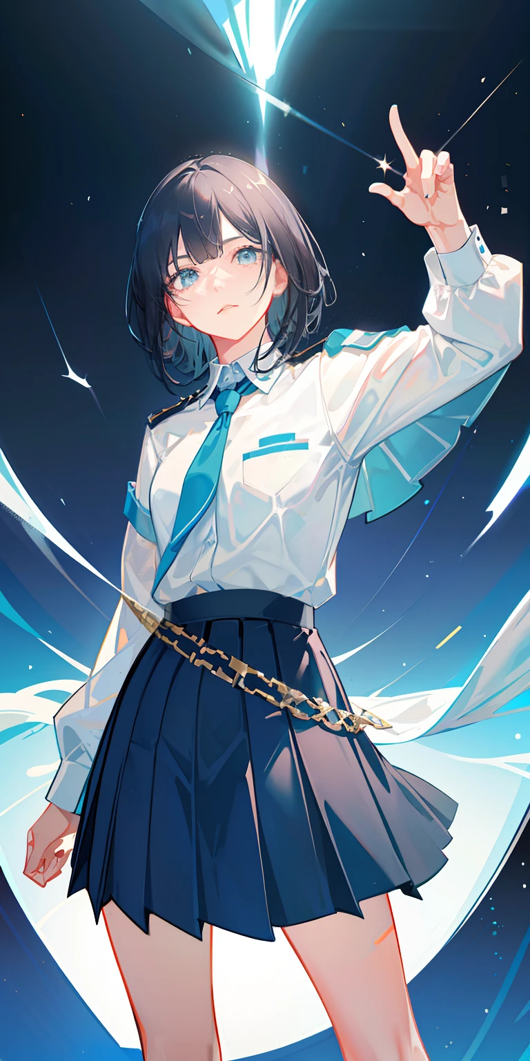(highest resolution, distinct_image), best quality, masterpiece, highly detailed, semi realistic, a woman with short black hair, mature, queen, triple bangs, light blue uniform, light blue pleated skirt, military uniform, fighter front, future, science fiction, universe