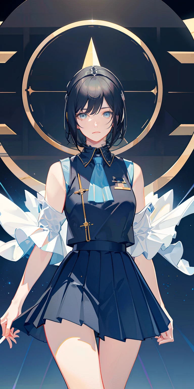 (highest resolution, distinct_image), best quality, masterpiece, highly detailed, semi realistic, a woman with short black hair, mature, queen, sexy, shoulder length short hair, triple bangs, light blue uniform, light blue pleated skirt, military uniform, fighter front, futuristic, science fiction, universe