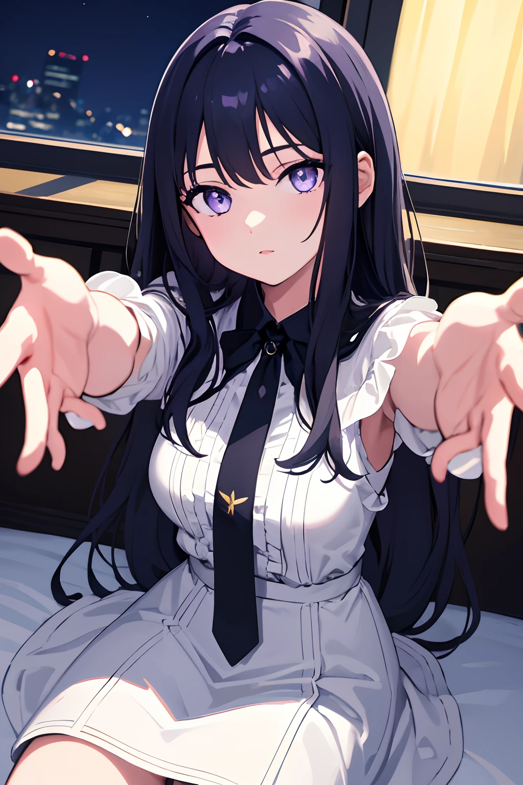 highres, highest quallity, illustration, cinematic light, ultra detailed, detailed face, (detailed eyes), best quality, hyper detailed, masterpiece, (detailed face),1girl, girl, long black hair, purple eyes, highest details, luminous eyes, sitting in bed, sitting, bed, window, night sky, lake outside, moon, full moon, backlighting, light rays, (high contrast), (colorful),