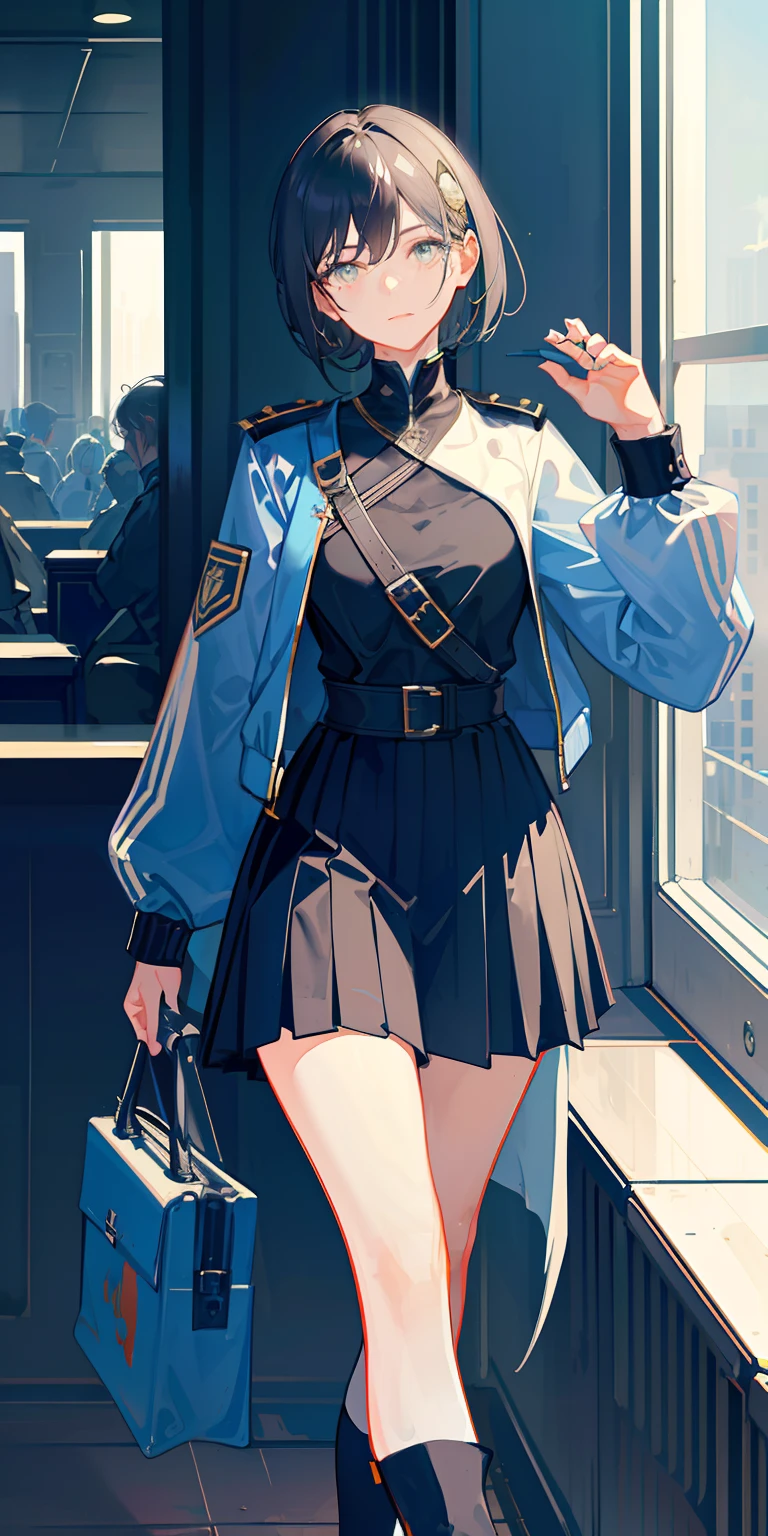 (highest resolution, distinct_image), best quality, masterpiece, highly detailed, semi realistic, a woman with black shoulder length short hair, black pupils, mature, mature woman, imperial sister, sexy, shoulder length short hair, triple bangs, light blue uniform, light blue uniform jacket, soldier, light blue pleated skirt, military uniform, fighter front, future, science fiction, universe