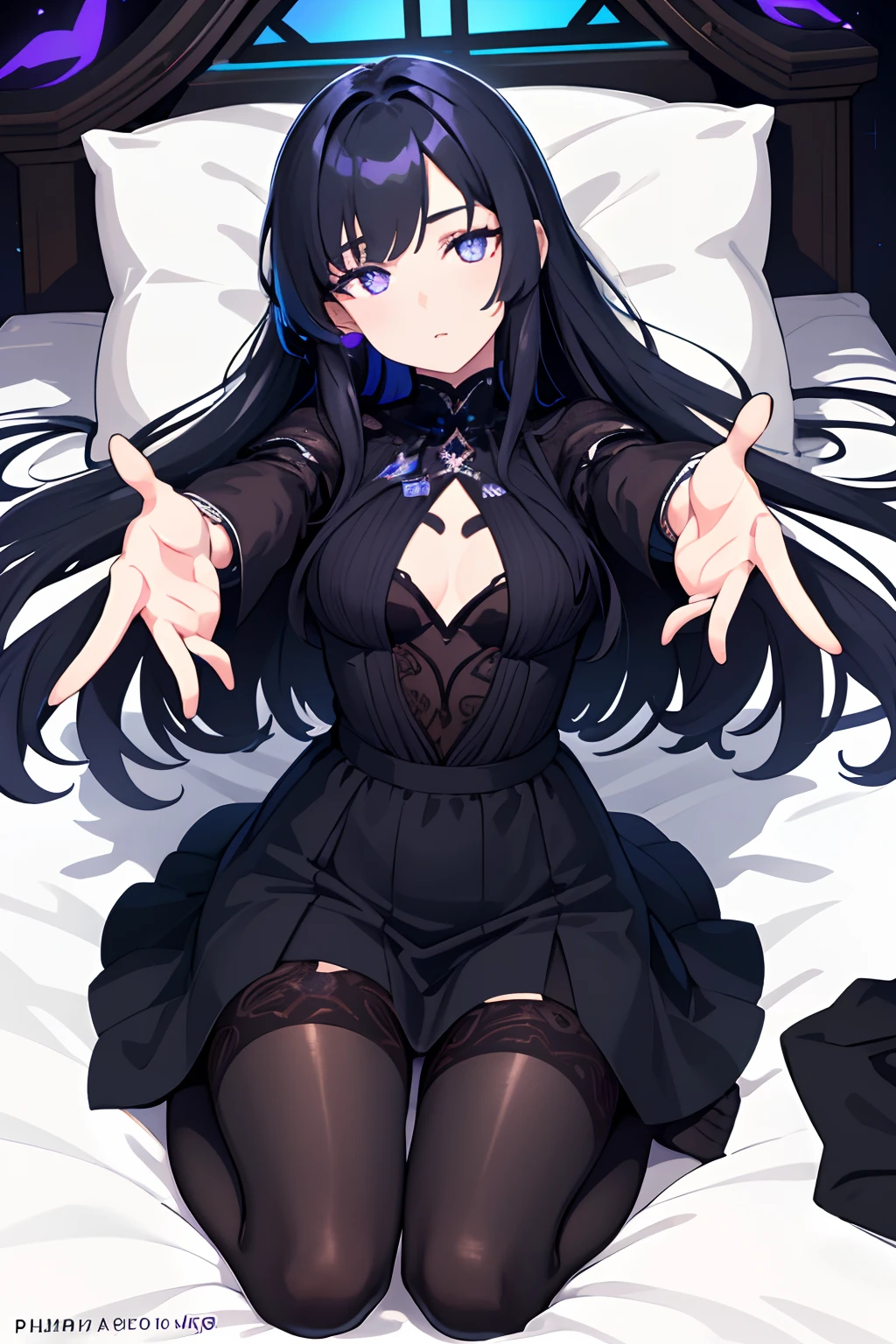 highres, highest quallity, illustration, cinematic light, ultra detailed, detailed face, (detailed eyes), best quality, hyper detailed, masterpiece, (detailed face),1girl, girl, long black hair, purple eyes, highest details, luminous eyes, lie on the bed, bed, moonlight, full moon, (high contrast), (colorful), payamas, full body