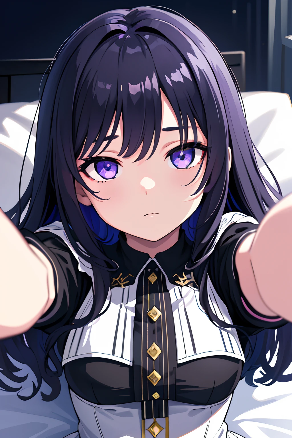 highres, highest quallity, illustration, cinematic light, ultra detailed, detailed face, (detailed eyes), best quality, hyper detailed, masterpiece, (detailed face),1girl, girl, long black hair, purple eyes, highest details, luminous eyes, lie on the bed, bed, moonlight, full moon, (high contrast), (colorful), payamas, full body