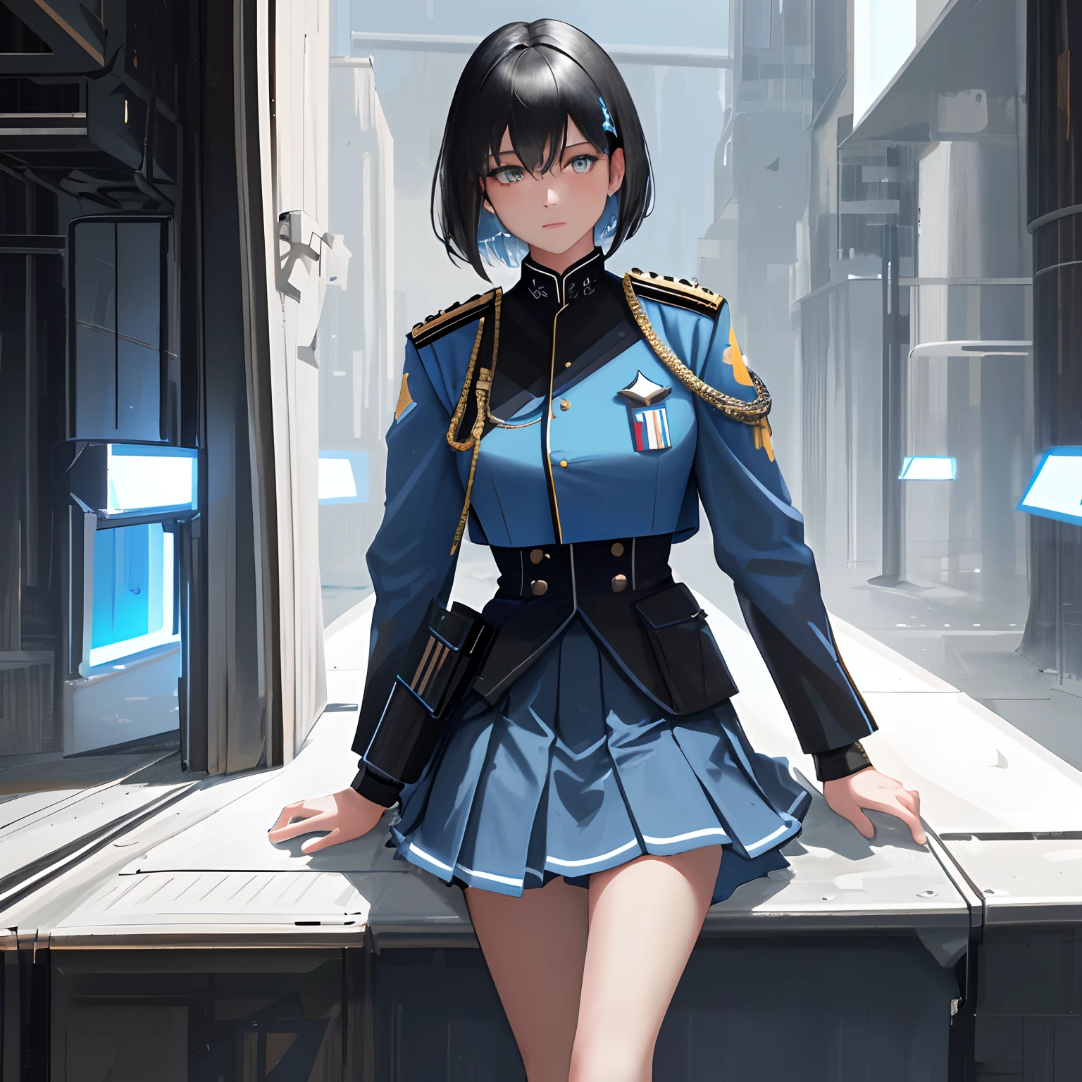 (highest resolution, distinct_image), best quality, masterpiece, highly detailed, semi realistic, a woman with black shoulder length hair, black pupils, mature, mature woman, imperial sister, sexy, short hair, triple bangs, light blue uniform, light blue uniform jacket, soldier, light blue pleated skirt, military uniform, fighter front, future, science fiction, universe