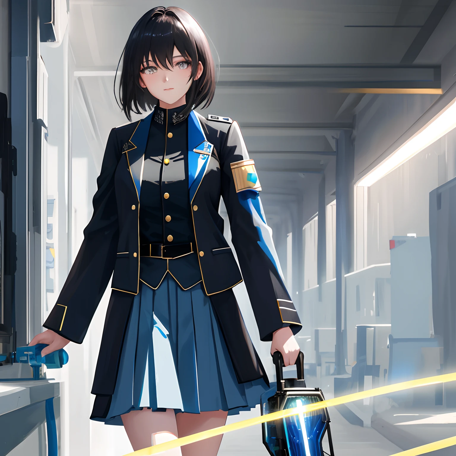 (highest resolution, distinct_image), best quality, masterpiece, highly detailed, semi realistic, 22 years old, a woman with black shoulder length hair, black pupils, mature, mature woman, imperial sister, sexy, short hair, triple bangs, light blue uniform, light blue suit jacket, soldier, light blue pleated skirt, military uniform, future, science fiction, universe