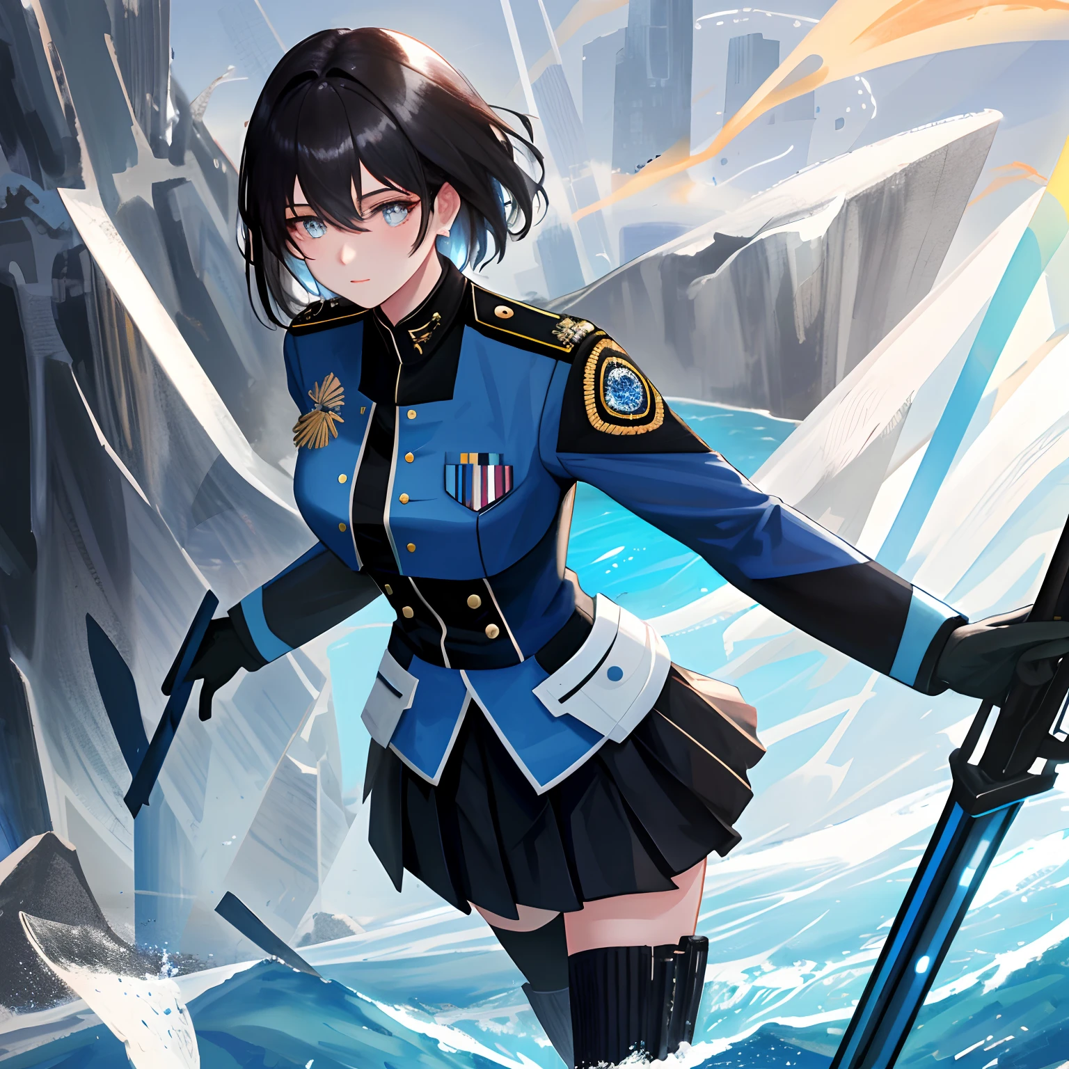 (highest resolution, distinct_image), best quality, masterpiece, highly detailed, semi realistic, 22 years old, a woman with black shoulder length hair, black pupils, mature, mature woman, imperial sister, sexy, short hair, triple bangs, light blue uniform, light blue suit jacket, soldier, light blue pleated skirt, military uniform, future, science fiction, universe