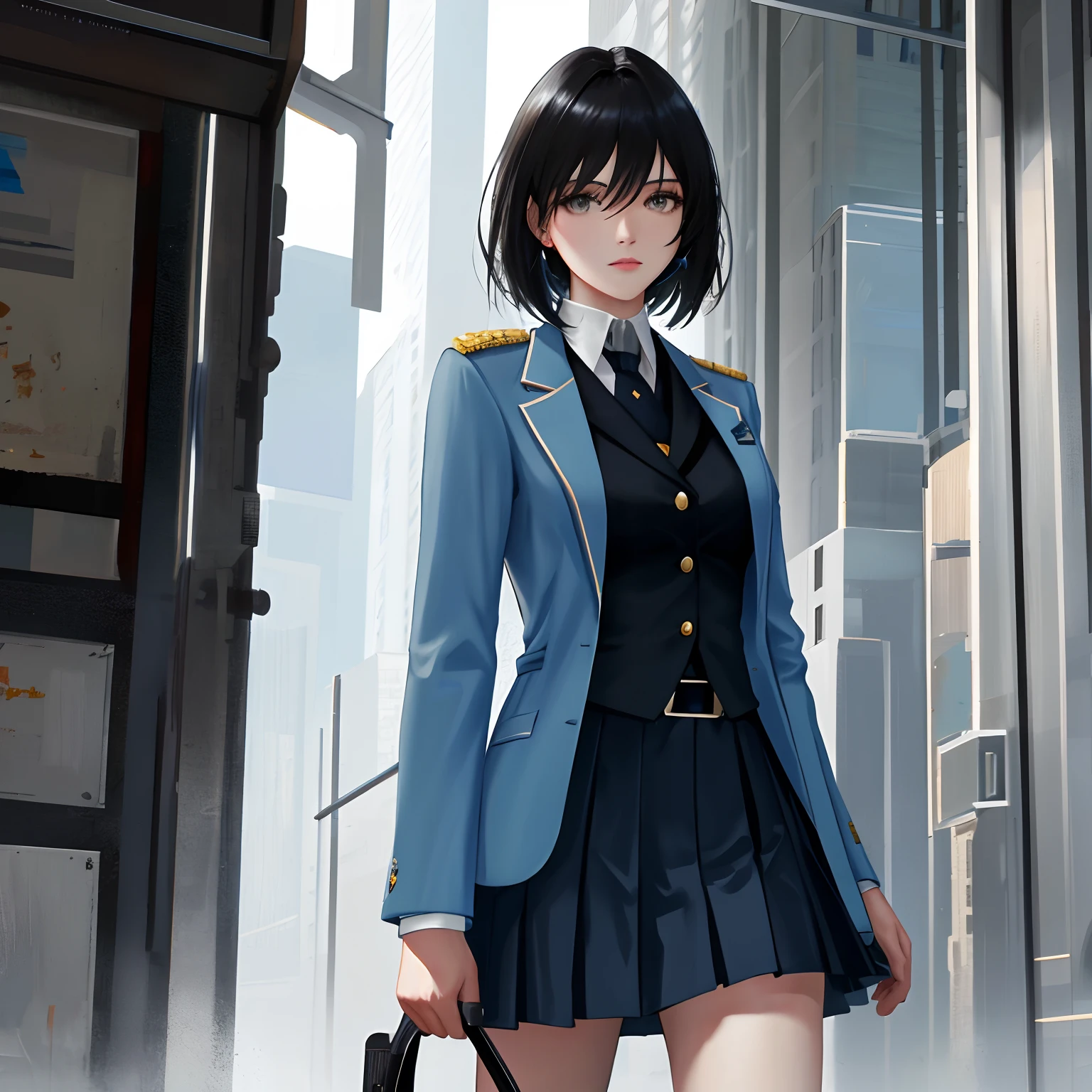 (highest resolution, distinct_image), best quality, masterpiece, highly detailed, semi realistic, 22 years old, a woman with black shoulder length hair, black eyes, mature, mature woman, imperial sister, sexy, short hair, triple bangs, light blue uniform, light blue suit jacket, soldier, light blue pleated skirt, military uniform, future, science fiction, universe