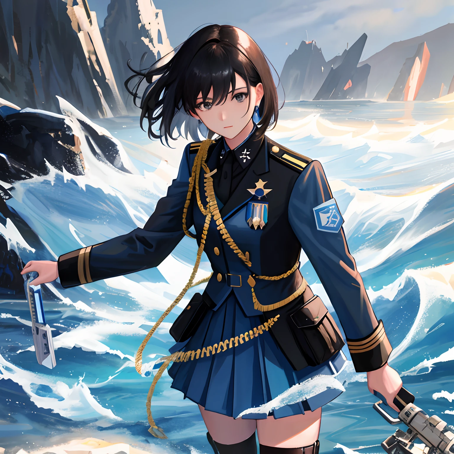 (highest resolution, distinct_image), best quality, masterpiece, highly detailed, semi realistic, 22 years old, a woman with black shoulder length hair, black eyes, mature, mature woman, imperial sister, sexy, short hair, triple bangs, light blue uniform, light blue suit jacket, soldier, light blue pleated skirt, military uniform, future, science fiction, universe