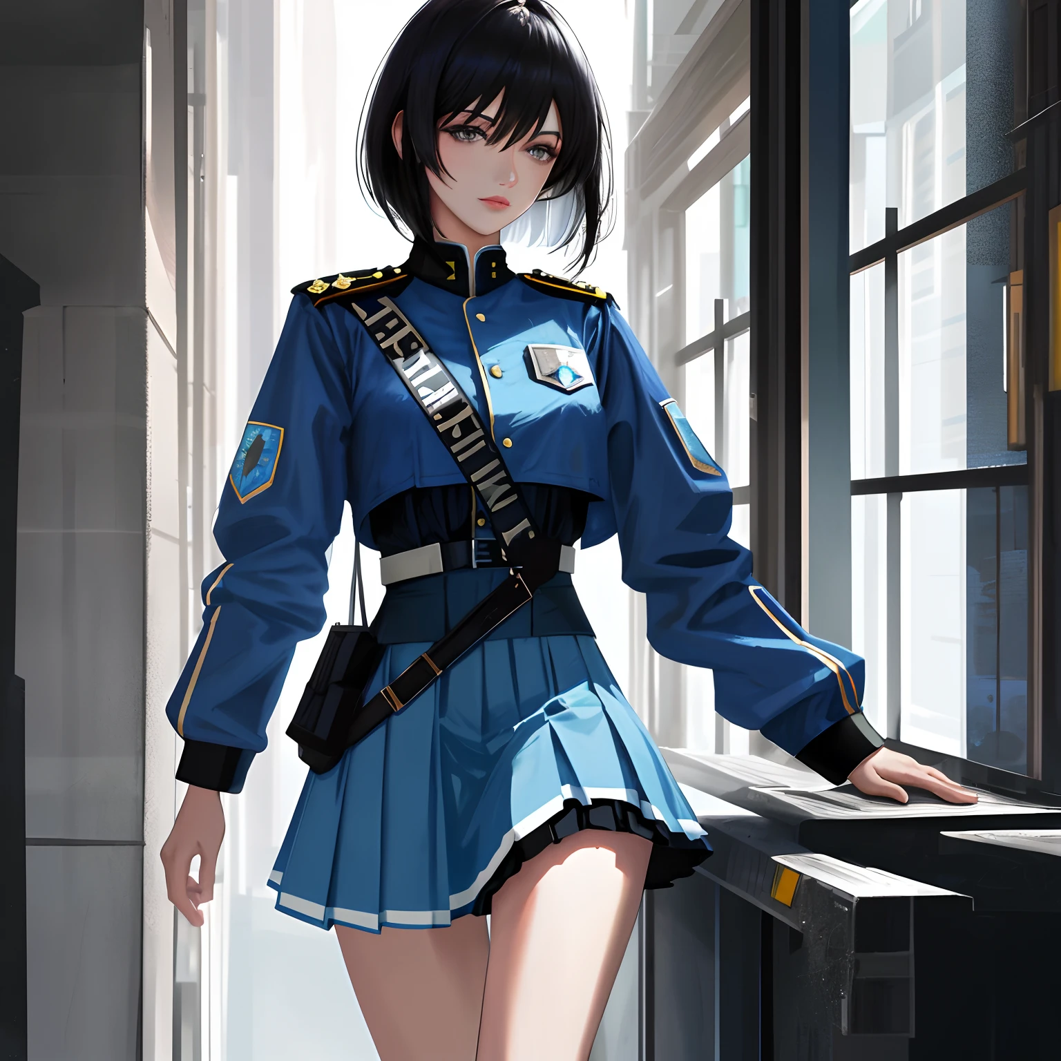 (highest resolution), best quality, masterpiece, highly detailed, semi realistic, 22 years old, a woman with black shoulder length hair, black eyes, mature, mature woman, royal sister, sexy, short hair, light pink lips, triple bangs, light blue uniform, light blue uniform jacket, soldier, light blue pleated skirt, military uniform, future, science fiction, universe