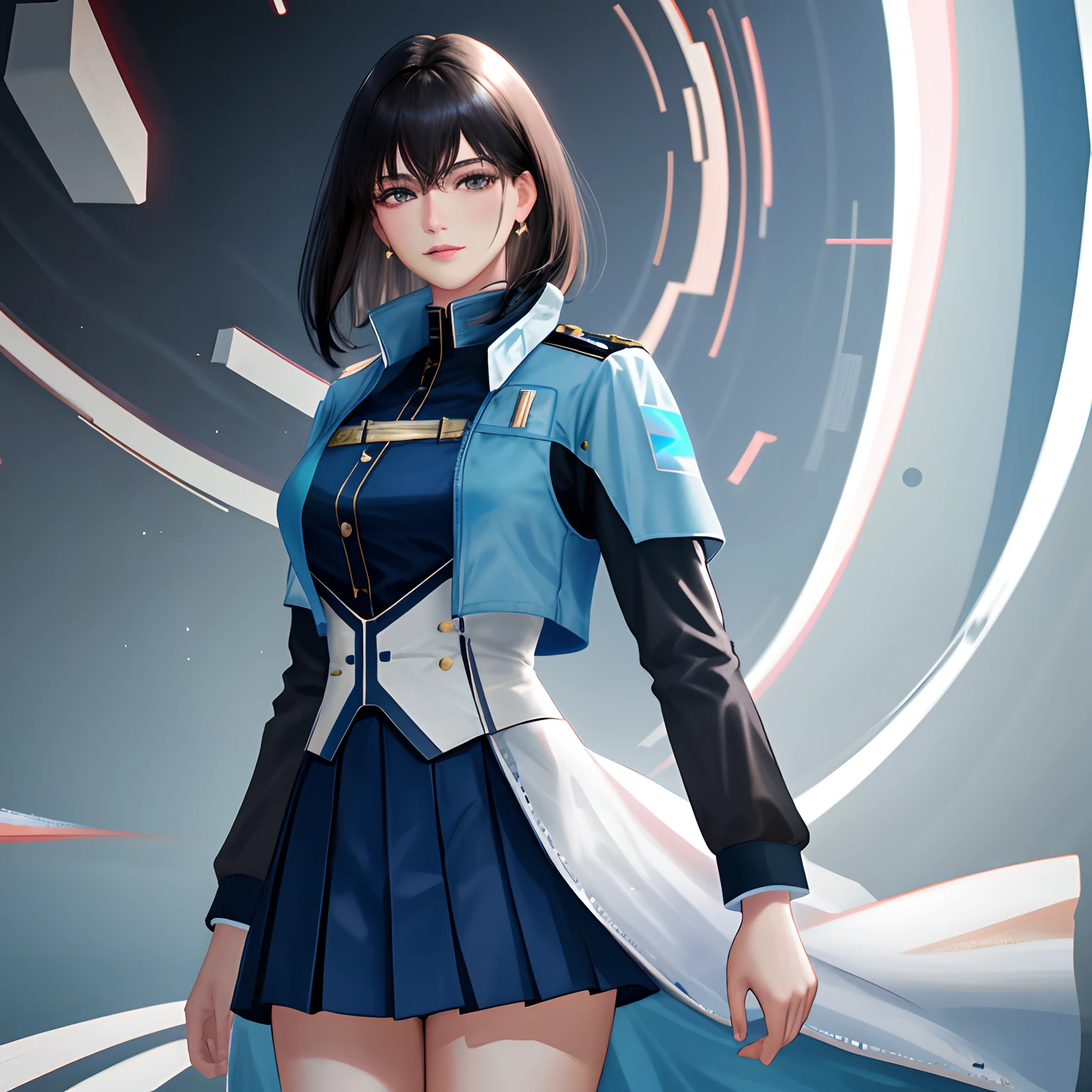 (highest resolution), best quality, masterpiece, highly detailed, semi realistic, 22 years old, a woman with black shoulder length hair, black eyes, mature, mature woman, royal sister, sexy, short hair, light pink lips, triple bangs, light blue uniform, light blue uniform jacket, soldier, light blue pleated skirt, military uniform, future, science fiction, universe