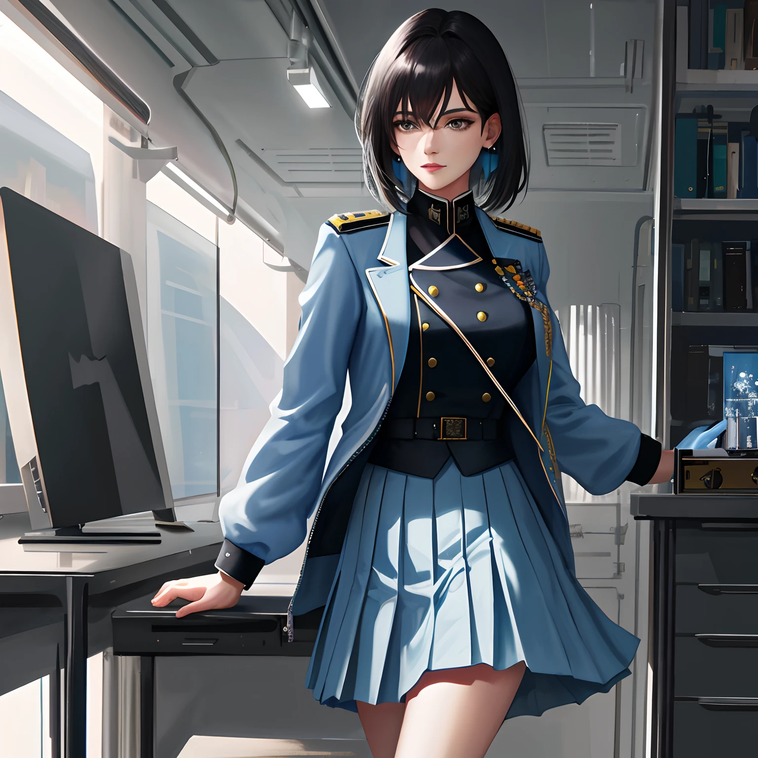 (highest resolution), best quality, masterpiece, highly detailed, semi realistic, 22 years old, a woman with black shoulder length hair, black eyes, mature, mature woman, royal sister, sexy, short hair, light pink lips, triple bangs, light blue uniform, light blue uniform jacket, soldier, light blue pleated skirt, military uniform, future, science fiction, universe