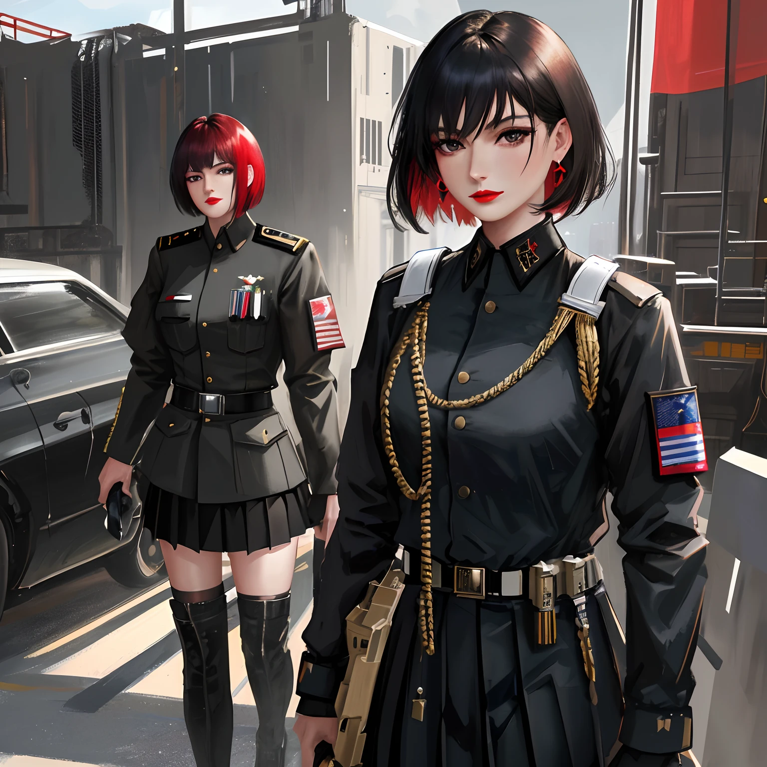 (highest resolution), the best quality, masterpiece, highly detailed, semi realistic, 22 years old, a woman, black eyes, mature, mature woman, imperial sister, sexy, short hair, red lips, triple bangs, black military uniform, soldier, black pleated skirt, military uniform, future, science fiction, universe