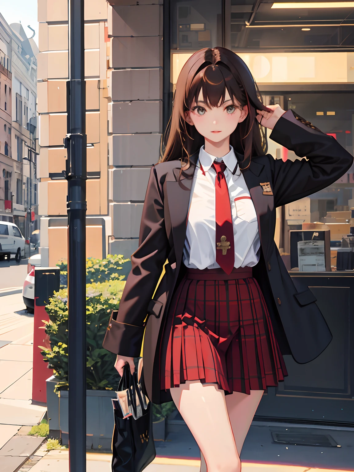 4K, best quality, 1 girl, 18 years old, brown hair, waist length hair, 3/4 bangs, red tie, brown coat, liver checkered pleated skirt, girl, campus, black calf socks, leather shoes, school