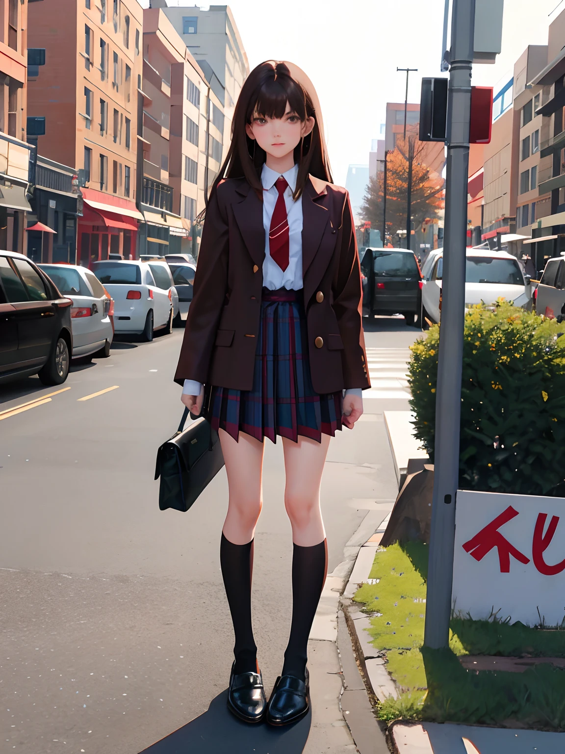 4K, best quality, 1 girl, 18 years old, brown hair, waist length hair, 3/4 bangs, red tie, brown coat, liver checkered pleated skirt, girl, campus, black calf socks, leather shoes, school