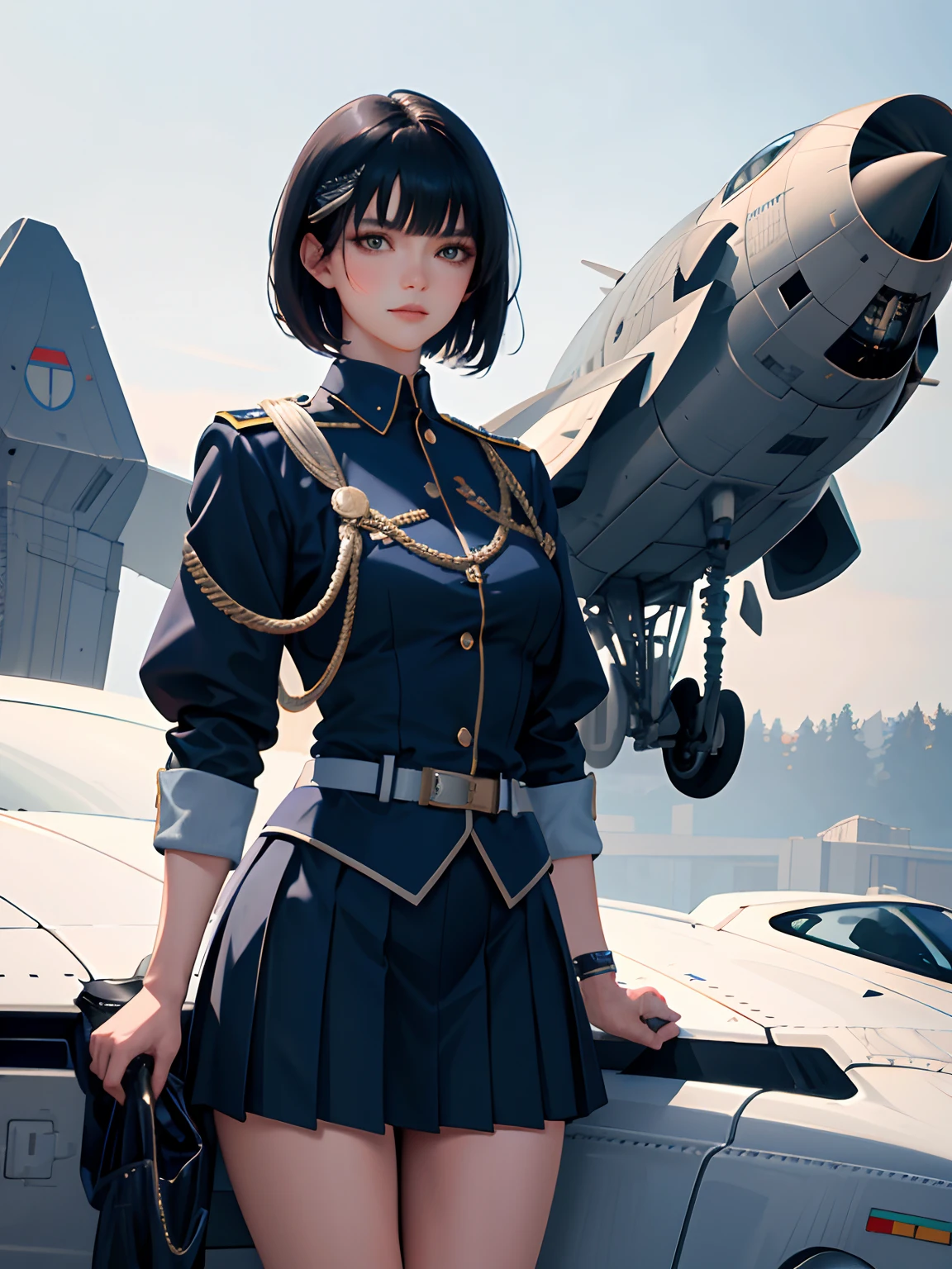 (highest resolution, distinct_image), best quality, masterpiece, highly detailed, semi realistic, a woman with short black hair, mature woman, three bangs, blue uniform, blue pleated skirt, military uniform, standing in front of a fighter jet, future, science fiction, universe