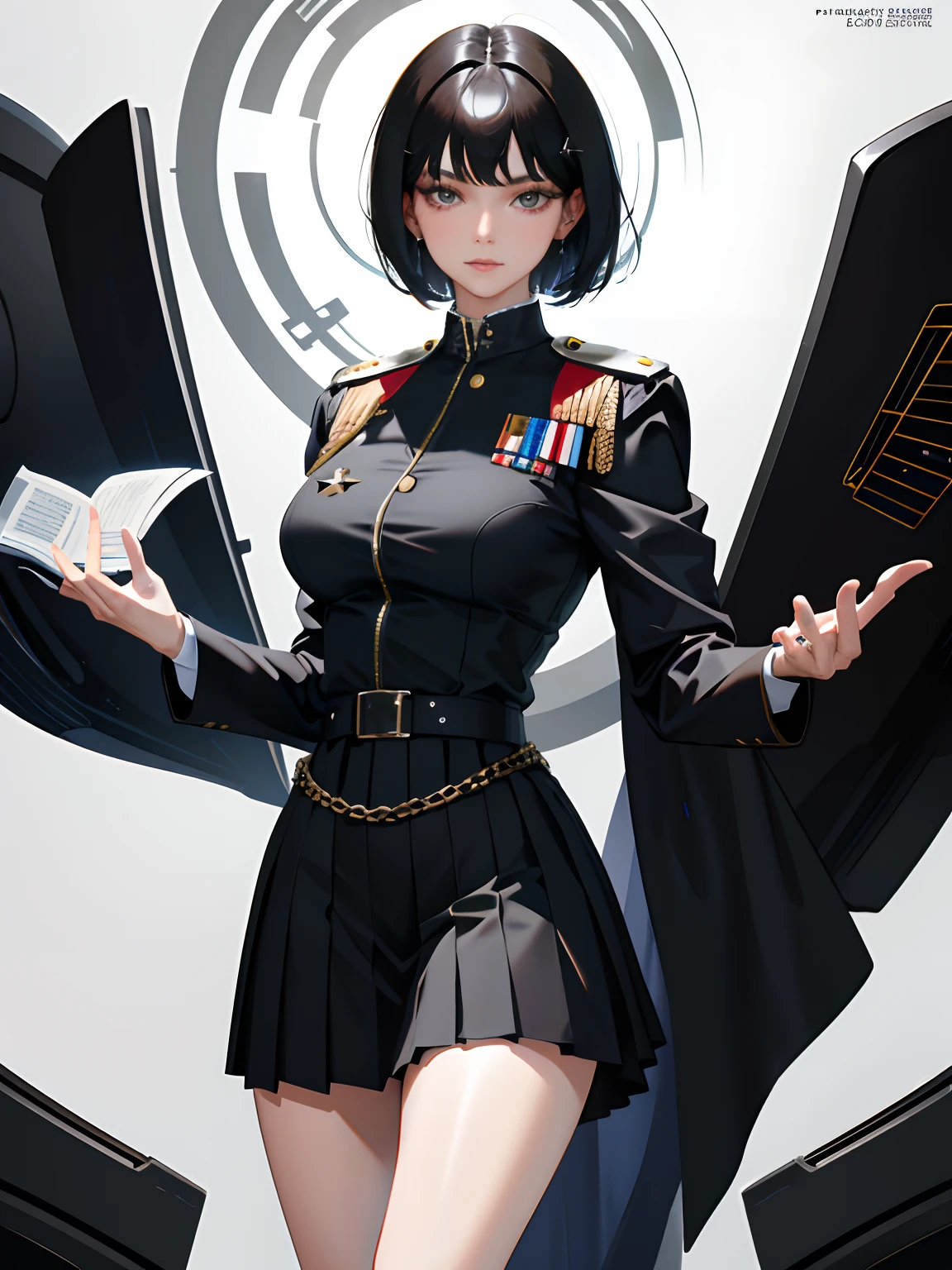 (highest resolution, distinct_image), best quality, masterpiece, highly detailed, semi realistic, a woman with short black hair, mature woman, triple bangs, black uniform, black pleated skirt, military uniform, spaceship space, control room, commander
