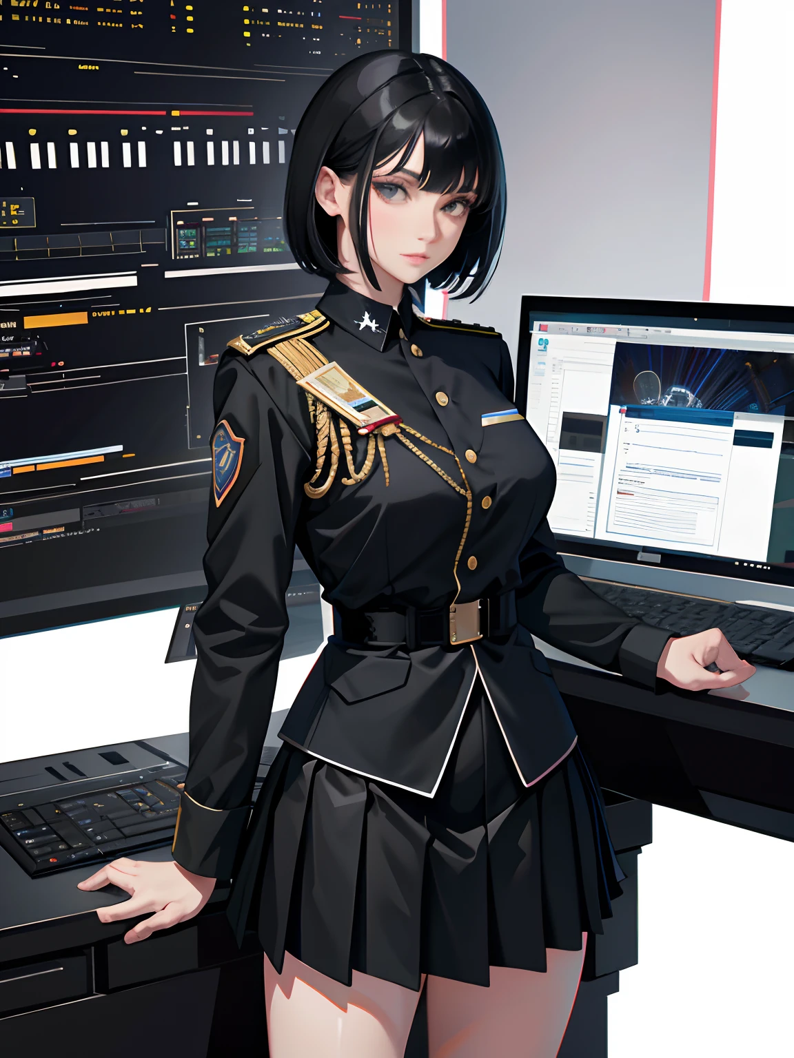 (highest resolution, distinct_image), best quality, masterpiece, highly detailed, semi realistic, a woman with short black hair, mature woman, triple bangs, black uniform, black pleated skirt, military uniform, spaceship space, control room, commander