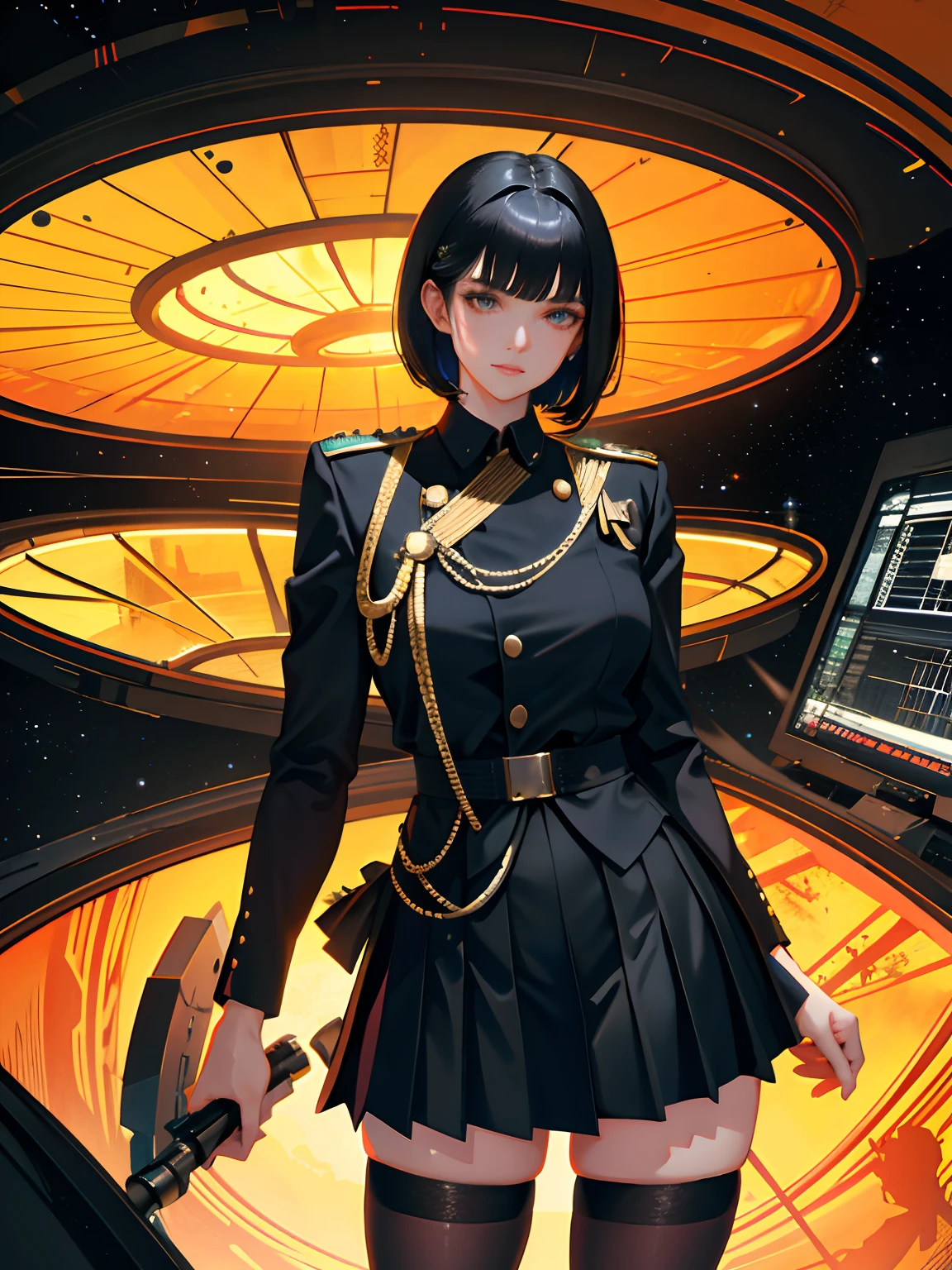 (highest resolution, distinct_image), best quality, masterpiece, highly detailed, semi realistic, a woman with short black hair, mature woman, triple bangs, black uniform, black pleated skirt, military uniform, beautiful woman, spaceship space, control room, commander