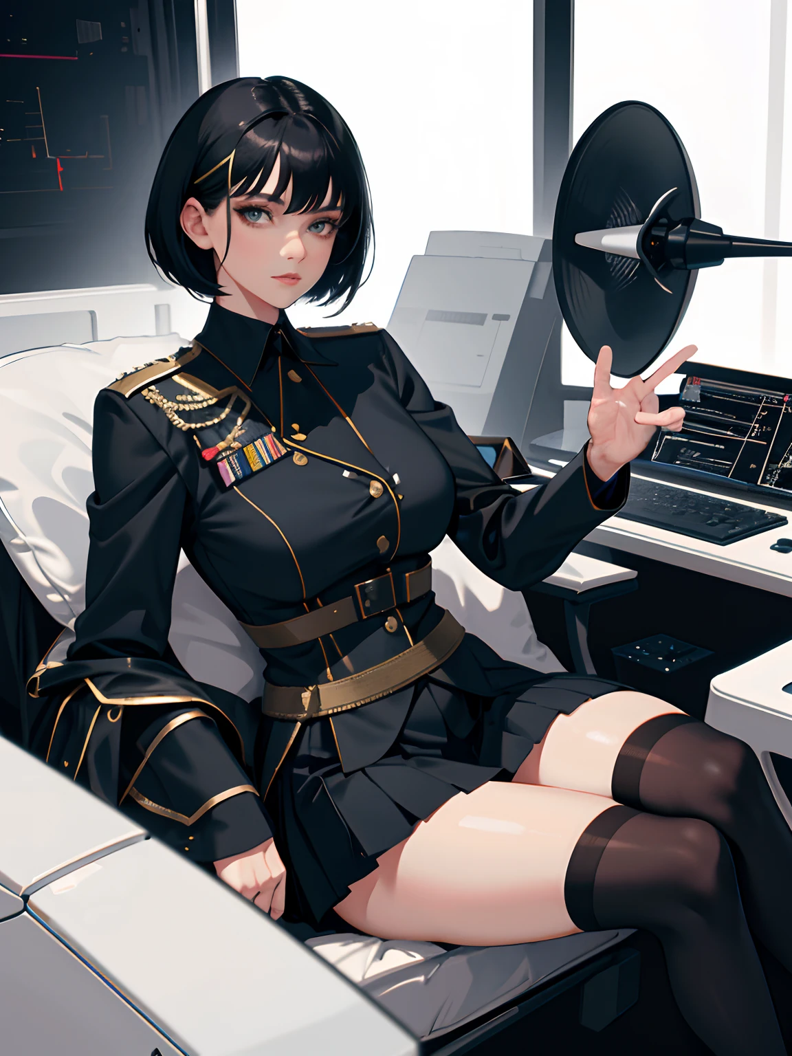 (highest resolution, distinct_image), best quality, masterpiece, highly detailed, semi realistic, a woman with short black hair, mature woman, triple bangs, black uniform, black pleated skirt, military uniform, beautiful woman, spaceship space, control room, commander