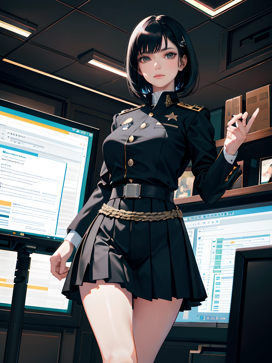 (highest resolution, distinct_image), best quality, masterpiece, highly detailed, semi realistic, a woman with short black hair, mature woman, triple bangs, black uniform, black pleated skirt, military uniform, spaceship space, control room, commander
