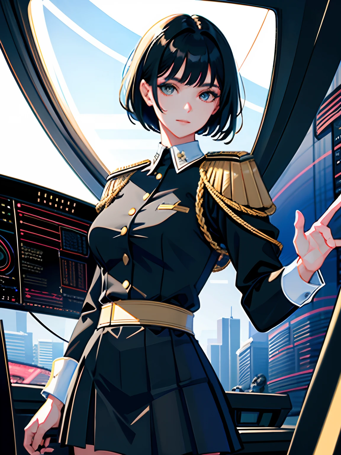(highest resolution, distinct_image), best quality, masterpiece, highly detailed, semi realistic, a woman with short black hair, mature woman, triple bangs, black uniform, black pleated skirt, military uniform, beautiful woman, spaceship space, control room, commander