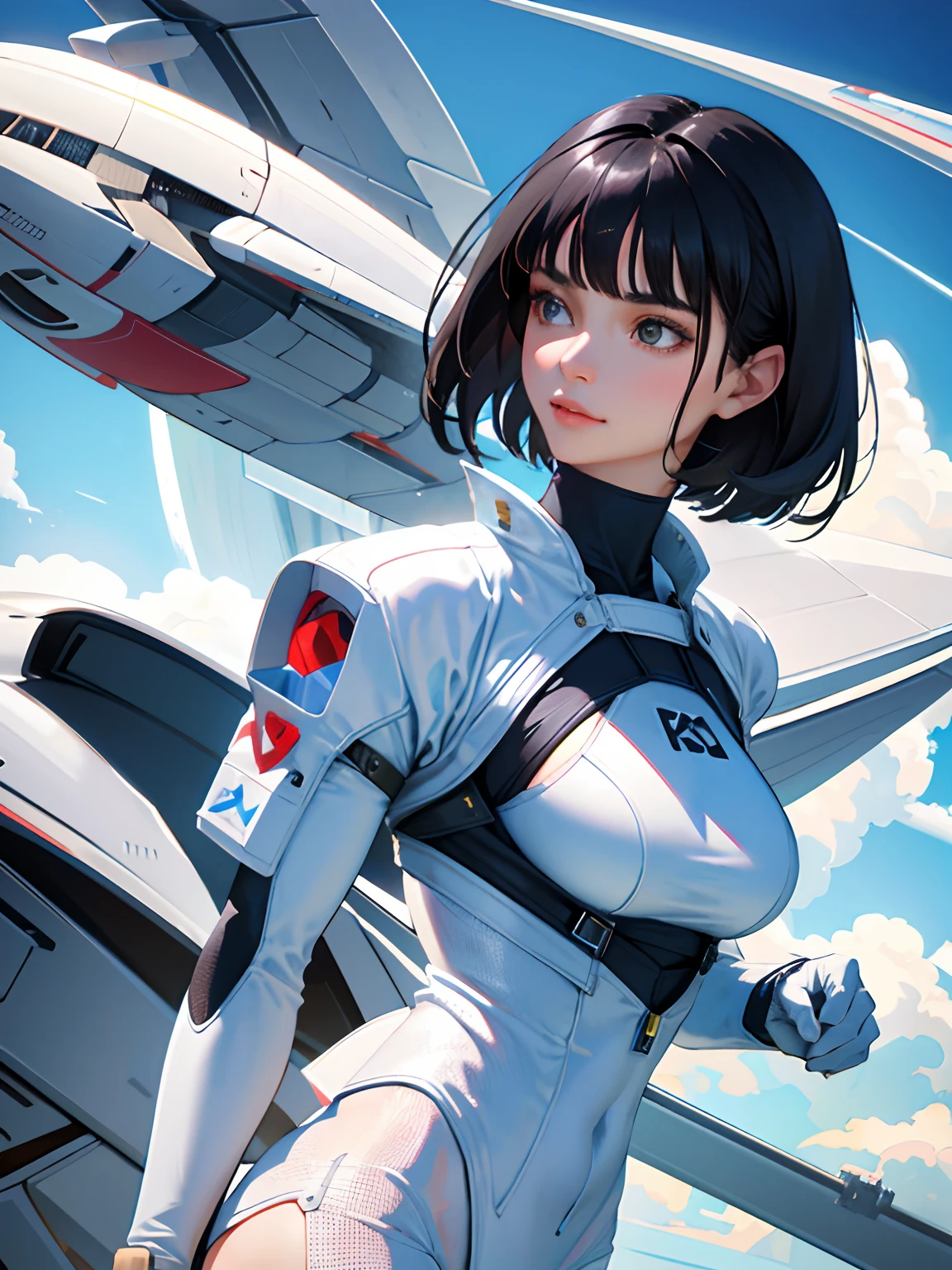 (highest resolution, distinct_image), best quality, masterpiece, highly detailed, semi realistic, a woman with short black hair, mature woman, triple bangs, white flight suit, tight fitting clothes, beautiful woman, spaceship space, piloting the spaceship, in flight
