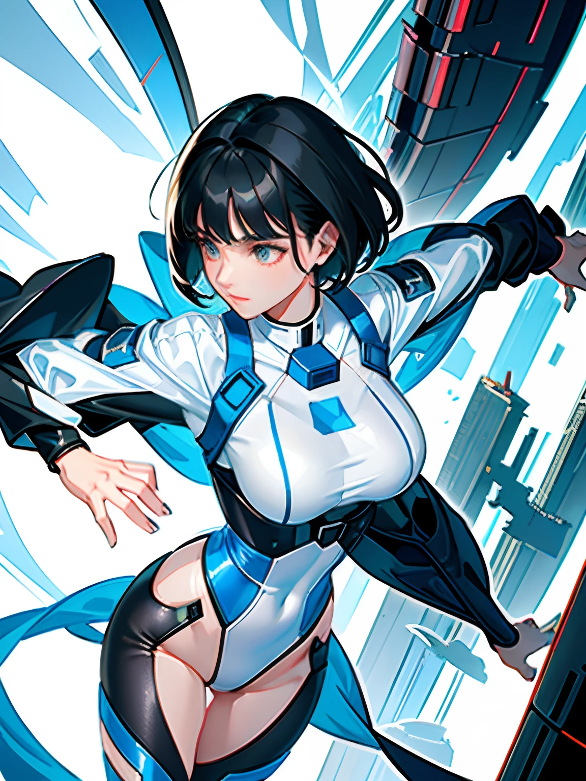 (highest resolution, distinct_image), best quality, masterpiece, highly detailed, semi realistic, a woman with short black hair, mature woman, triple bangs, white and blue color flight suit, tight fitting clothes, clothes covering the whole body, beauty, spacecraft, piloting spacecraft, in flight