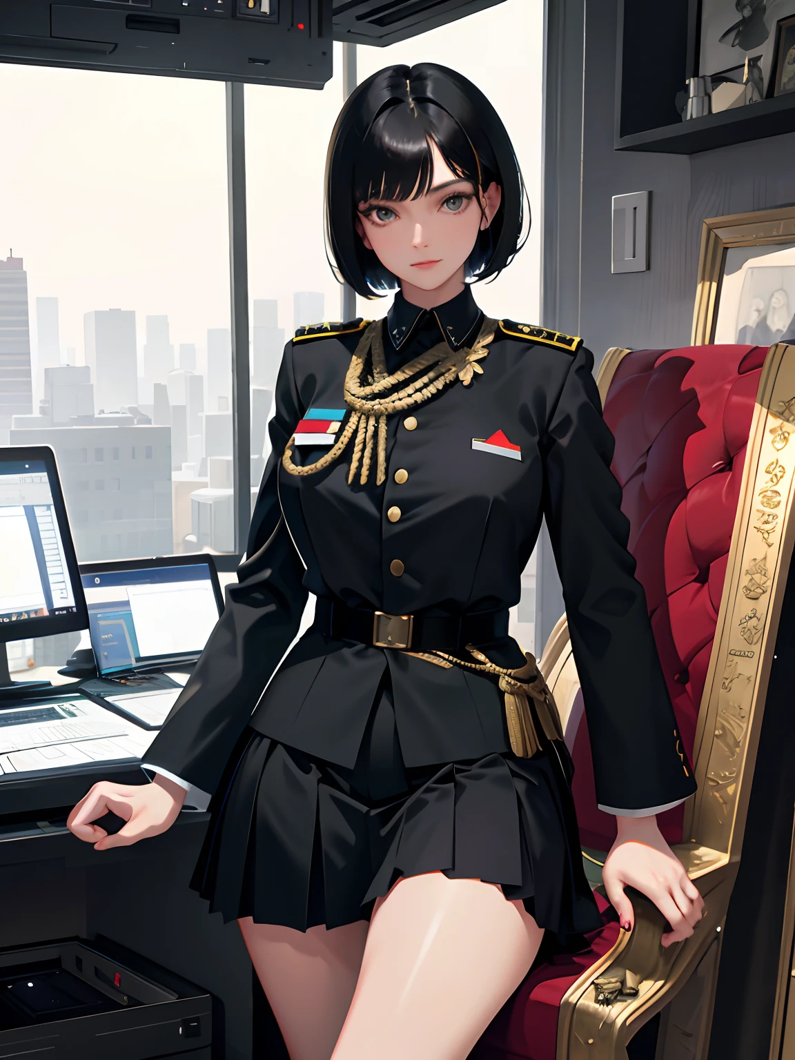 (highest resolution, distinct_image), best quality, masterpiece, highly detailed, semi realistic, a woman with short black hair, mature woman, triple bangs, black uniform, black pleated skirt, military uniform, medals, magnificent military uniform, beautiful woman, spaceship space, control room, commander