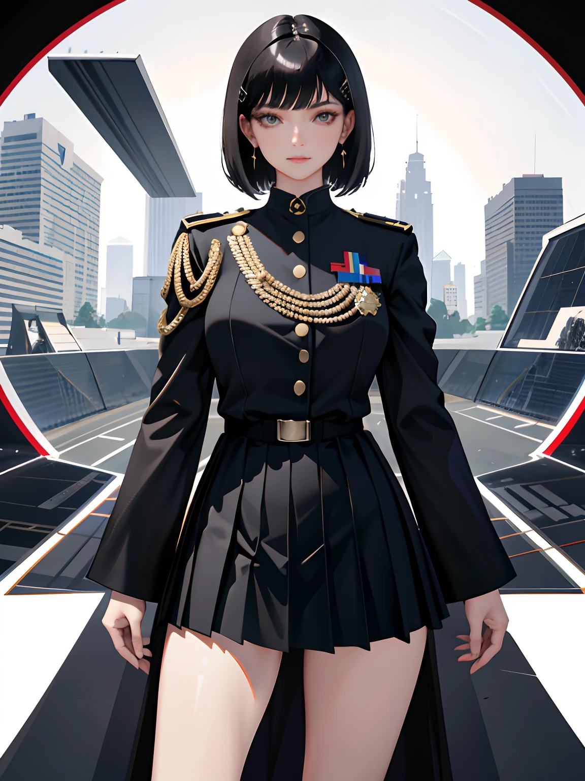 (highest resolution, distinct_image), best quality, masterpiece, highly detailed, semi realistic, a woman with short black hair, mature woman, triple bangs, black uniform, black pleated skirt, military uniform, medals, magnificent military uniform, beautiful woman, spaceship space, control room, commander