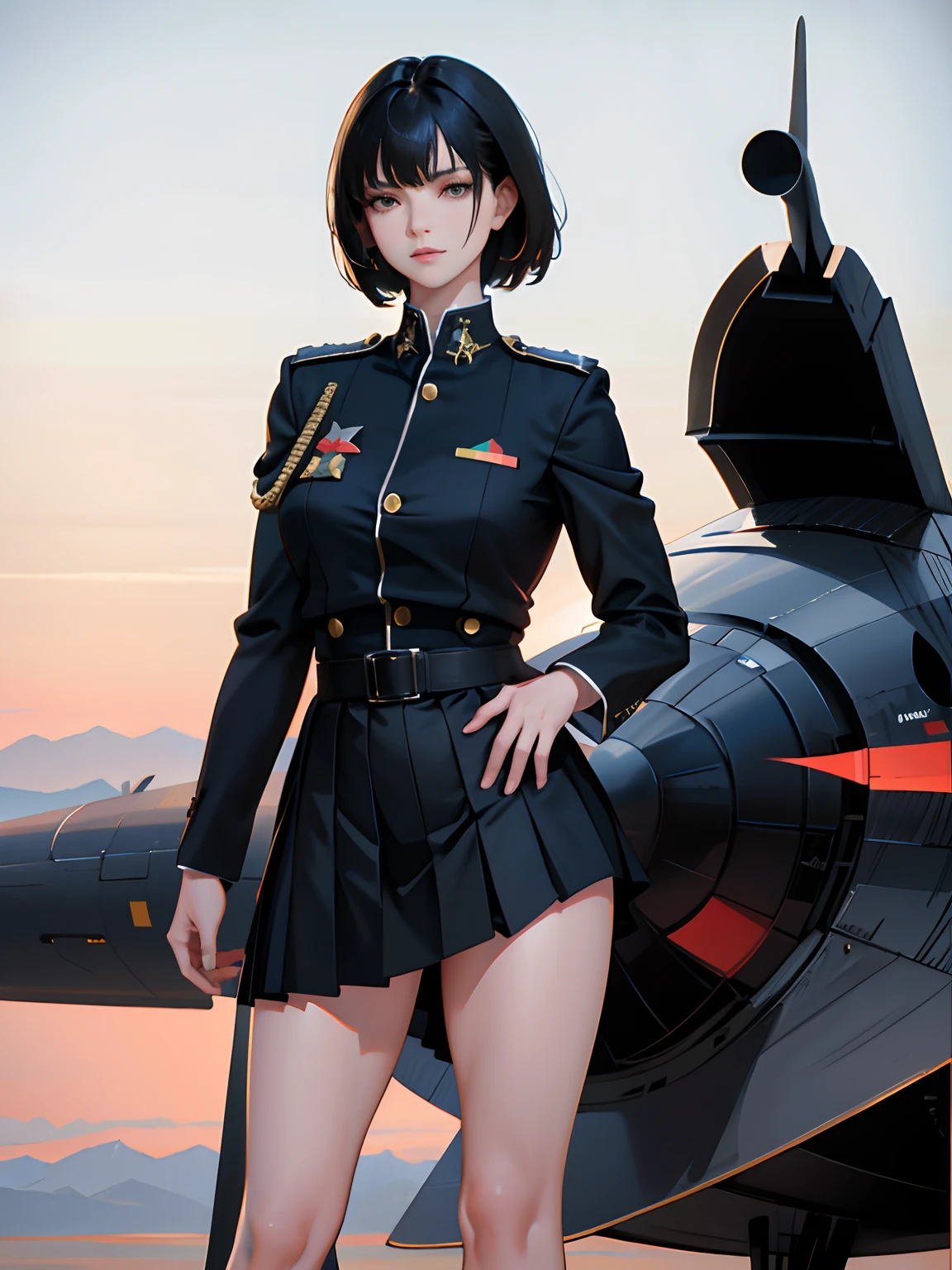 (highest resolution, distinct_image), best quality, masterpiece, highly detailed, semi realistic, a woman with short black hair, mature woman, triple bangs, black uniform, black pleated skirt, military uniform, standing in front of a fighter jet, future, science fiction, universe