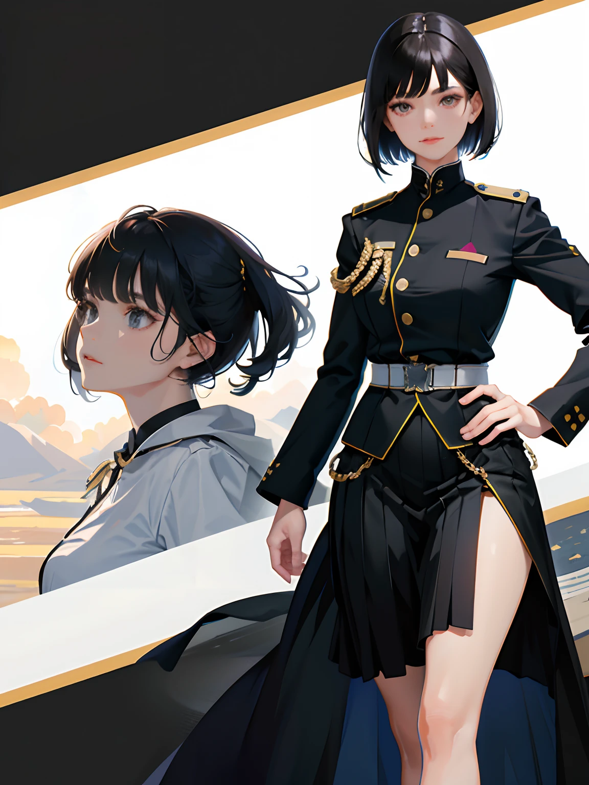 (highest resolution, distinct_image), best quality, masterpiece, highly detailed, semi realistic, a woman with short black hair, mature woman, triple bangs, black uniform, black pleated skirt, military uniform, standing in front of a fighter jet, future, science fiction, universe