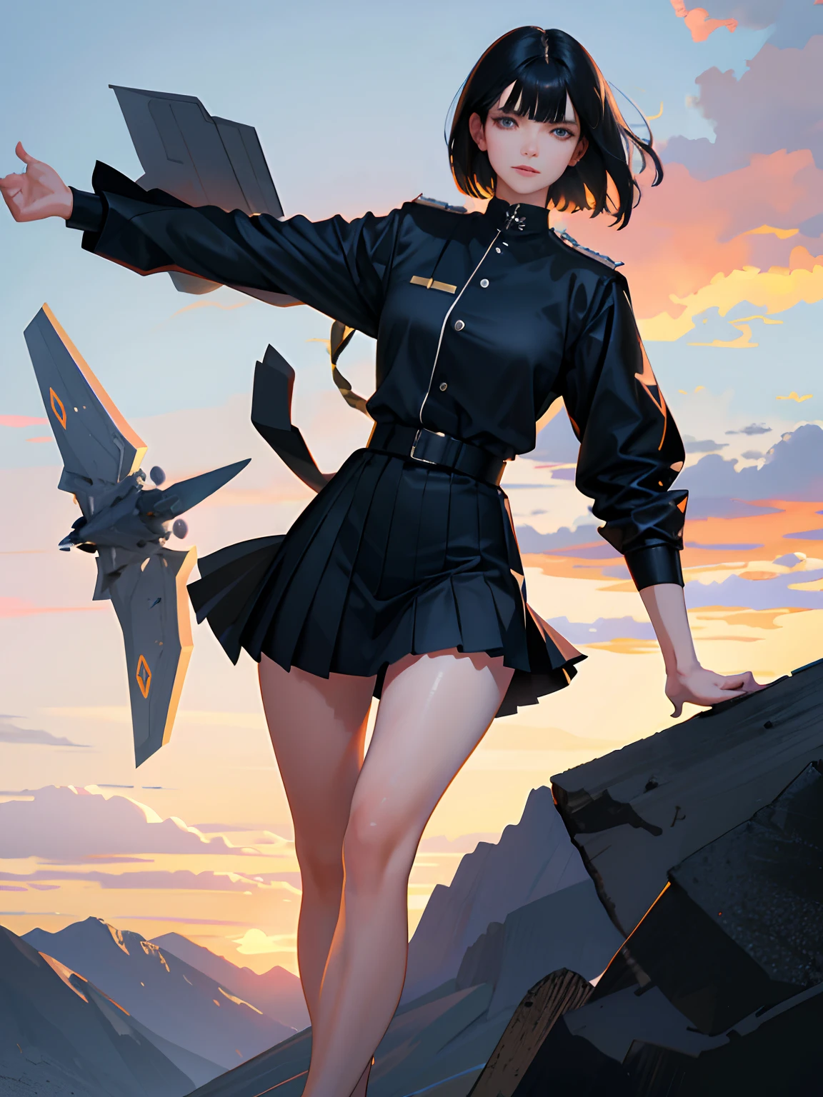 (highest resolution, distinct_image), best quality, masterpiece, highly detailed, semi realistic, a woman with short black hair, mature woman, triple bangs, black uniform, black pleated skirt, military uniform, standing in front of a fighter jet, future, science fiction, universe