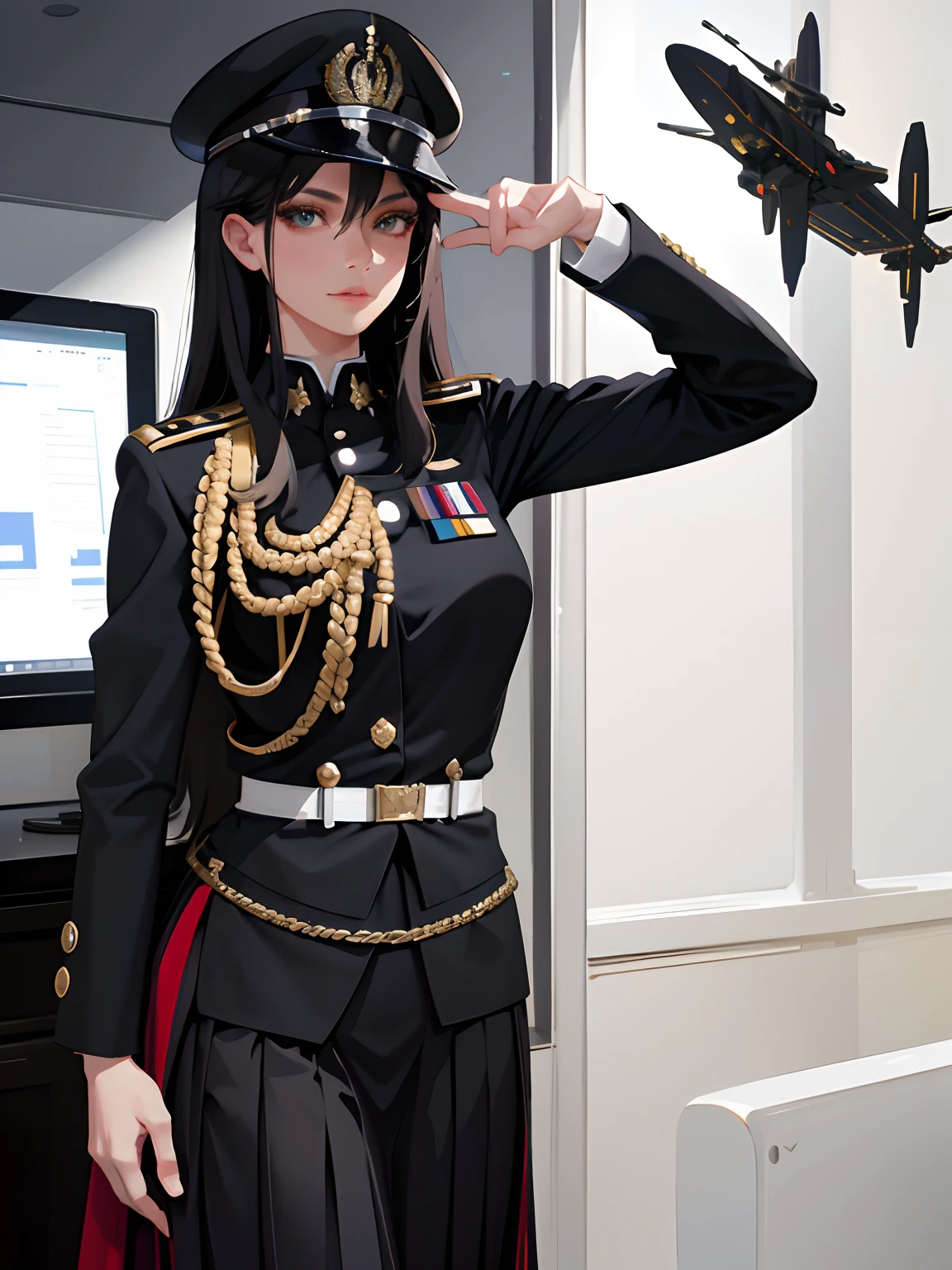 (highest resolution, distinct_image), best quality, masterpiece, highly detailed, semi realistic, one woman, mature woman, triple bangs, curled hair, black military hat, black uniform, black pleated skirt, military uniform, medal, gorgeous military uniform, beauty, spaceship, control room, commander,