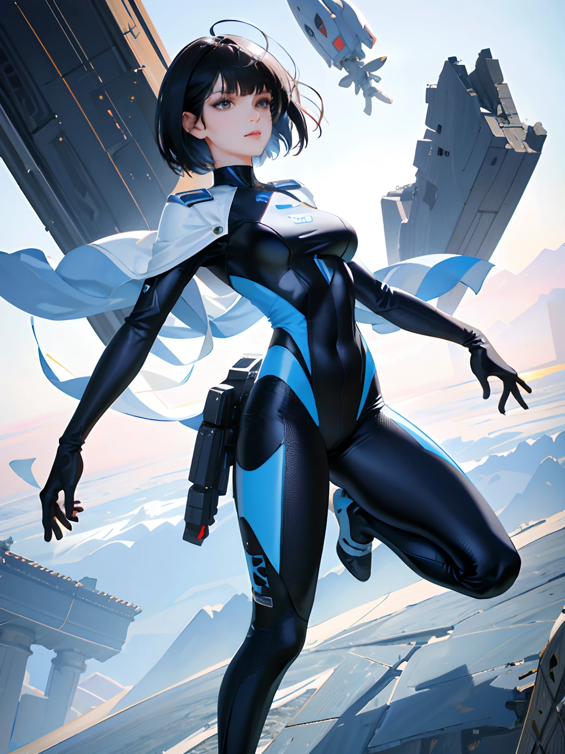 (highest resolution, distinct_image), best quality, masterpiece, highly detailed, semi realistic, a woman with short black hair, black eyes, mature woman, triple bangs, white and blue flight suits, tight fitting clothes, full body clothing, beauty, spacecraft, piloting spacecraft, in flight