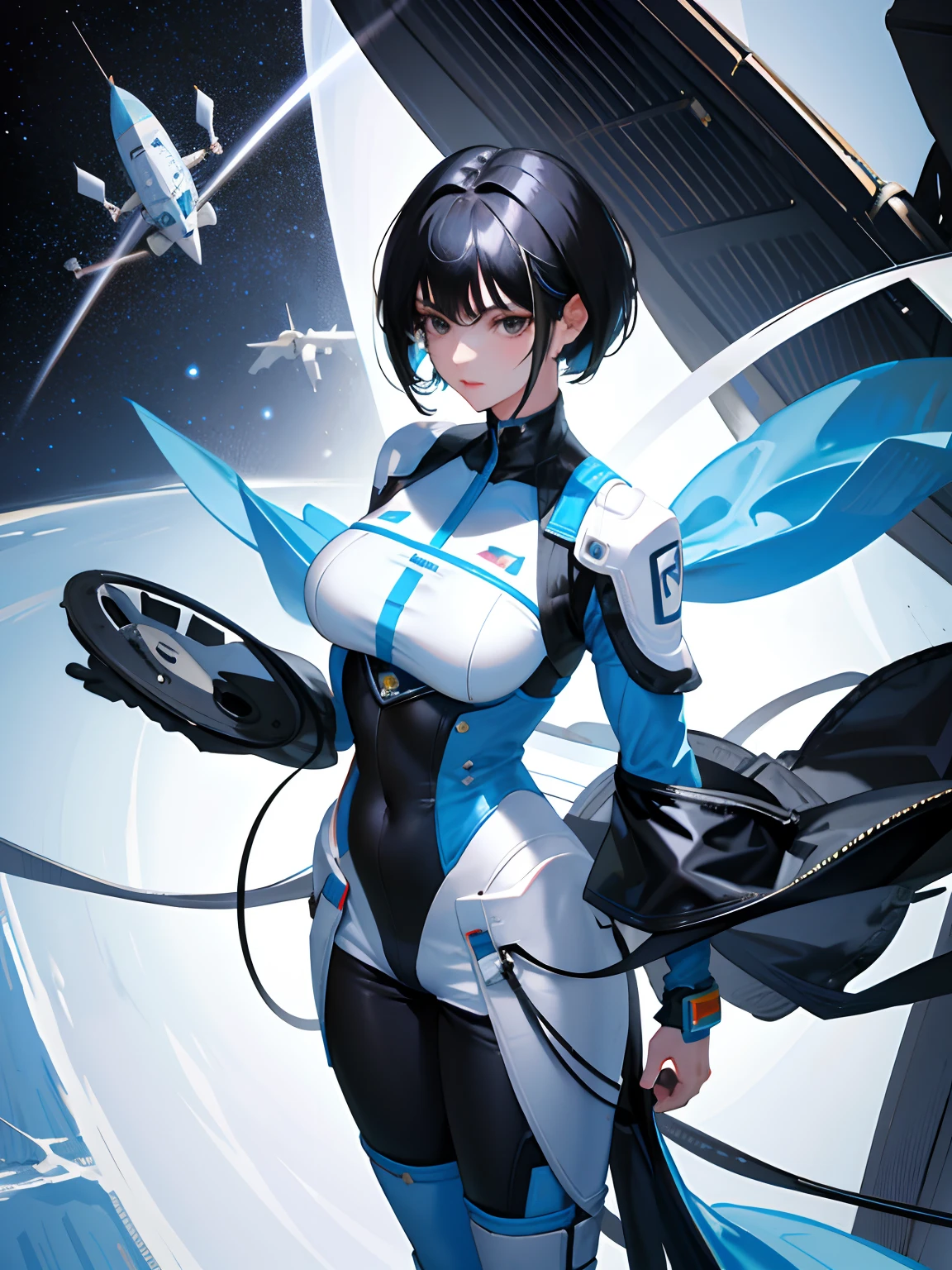 (highest resolution, distinct_image), best quality, masterpiece, highly detailed, semi realistic, a woman with short black hair, black eyes, mature woman, triple bangs, white and blue flight suits, tight fitting clothes, full body clothing, beauty, spacecraft, piloting spacecraft, in flight