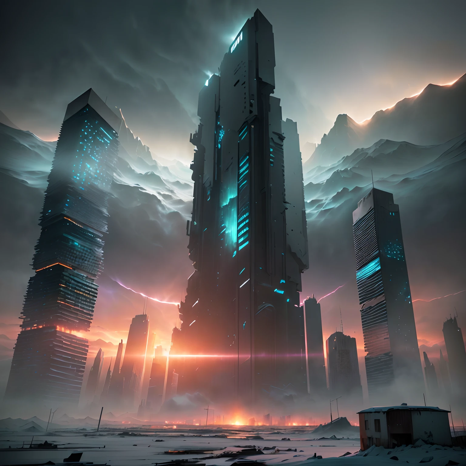 end of the world, epic realistic, (hdr:1.4), (muted colors:1.4), apocalypse, freezing, abandoned, neutral colors, night, screen space refractions, (intricate details), (intricate details, hyperdetailed:1.2), artstation, cinematic shot, vignette, complex background, buildings, snowy
