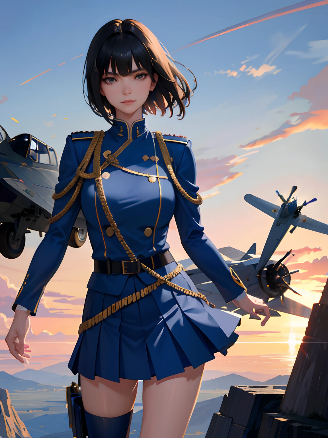 (highest resolution, distinct_image), best quality, masterpiece, highly detailed, semi realistic, a woman with short black hair, mature woman, three bangs, blue uniform, blue pleated skirt, military uniform, standing in front of a fighter jet, future, science fiction, universe
