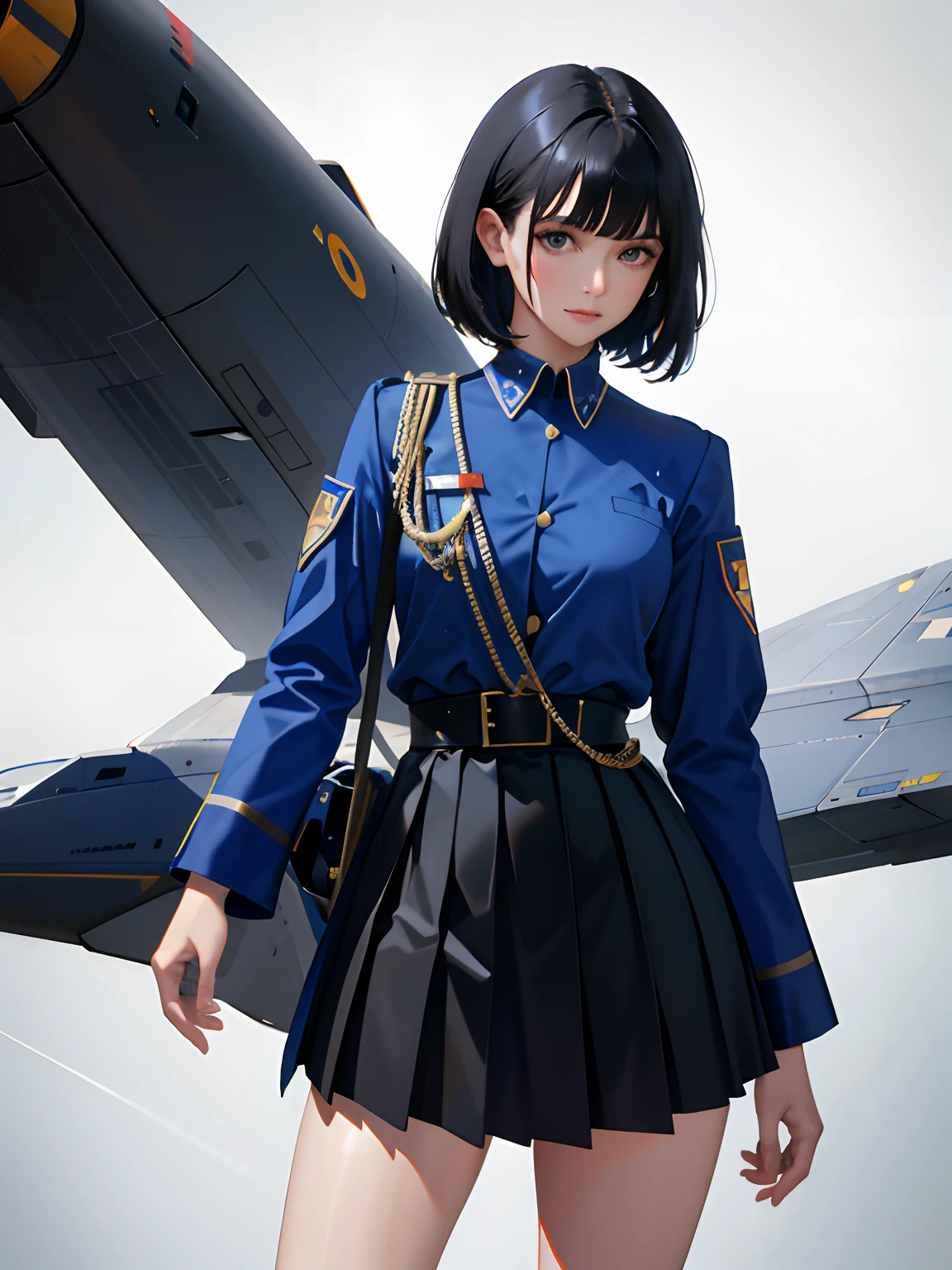 (highest resolution, distinct_image), best quality, masterpiece, highly detailed, semi realistic, a woman with short black hair, mature woman, three bangs, blue uniform, blue pleated skirt, military uniform, standing in front of a fighter jet, future, science fiction, universe