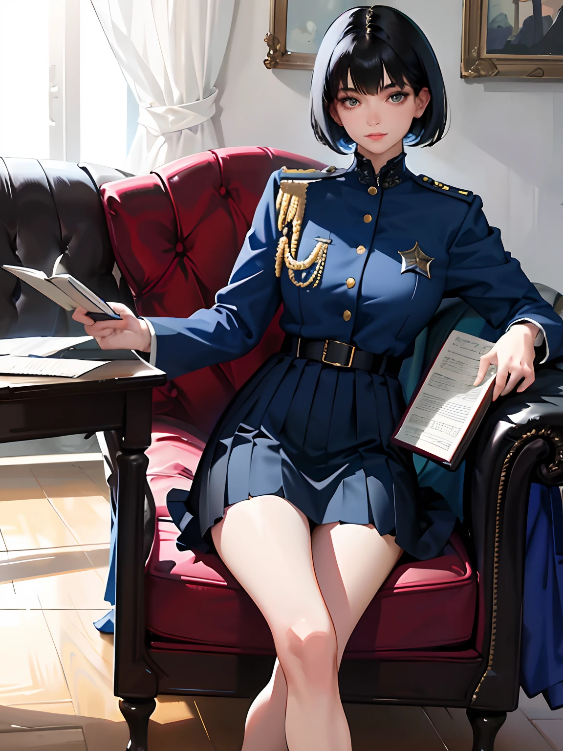 (highest resolution, distinct_image), best quality, masterpiece, highly detailed, semi realistic, a woman with short black hair, mature woman, triple bangs, blue uniform, blue pleated skirt, military uniform, military academy, studying, holding a book