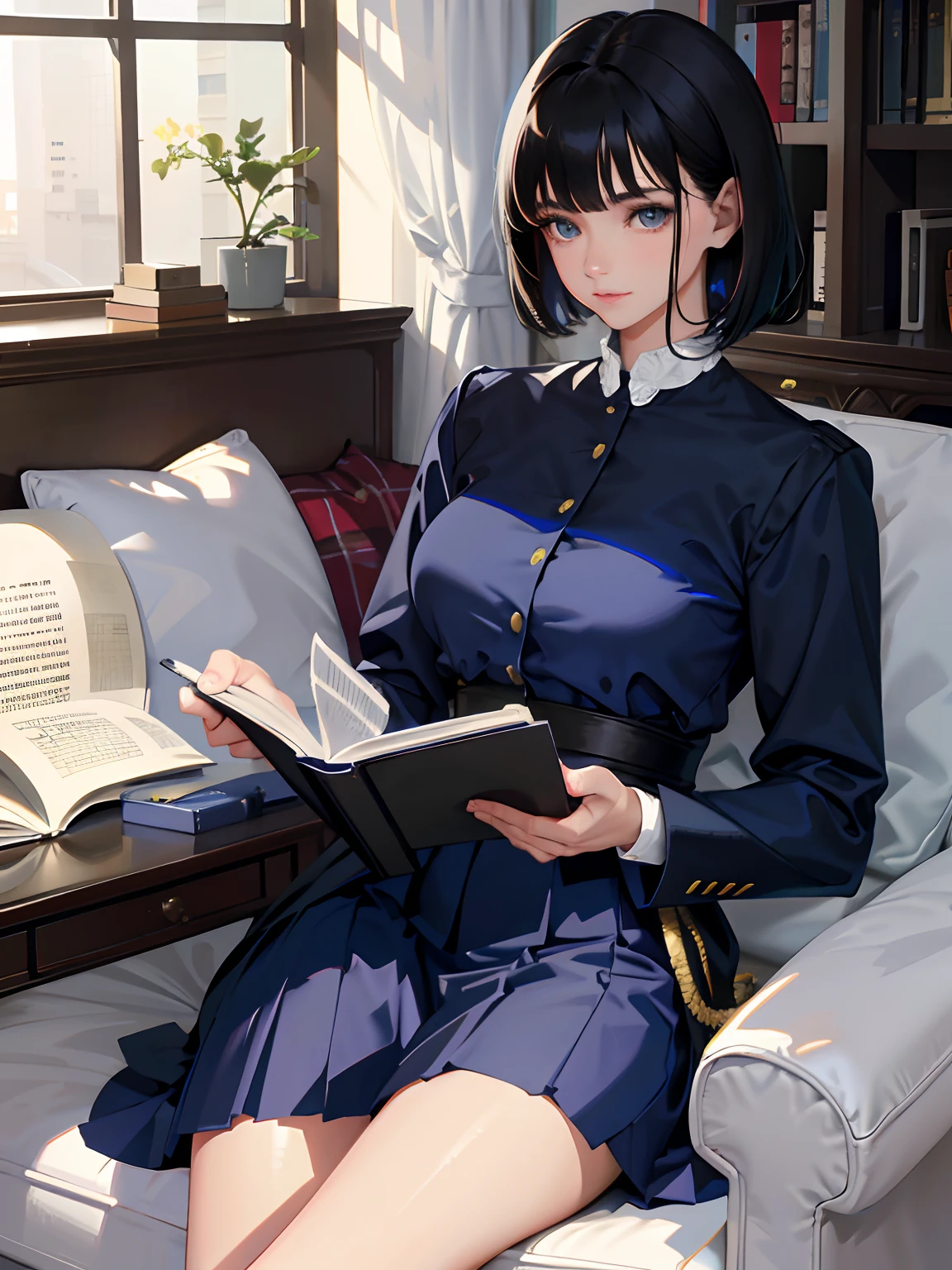 (highest resolution, distinct_image), best quality, masterpiece, highly detailed, semi realistic, a woman with short black hair, mature woman, triple bangs, blue uniform, blue pleated skirt, military uniform, military academy, studying, holding a book