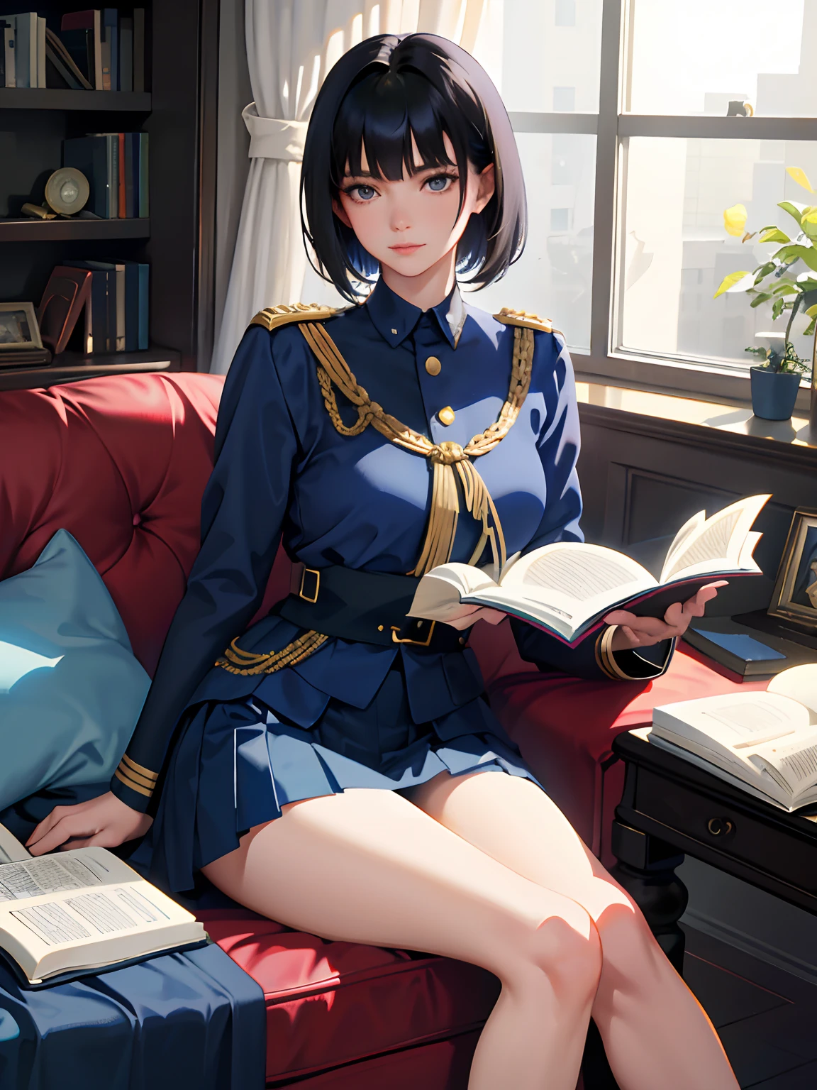 (highest resolution, distinct_image), best quality, masterpiece, highly detailed, semi realistic, a woman with short black hair, mature woman, triple bangs, blue uniform, blue pleated skirt, military uniform, military academy, studying, holding a book
