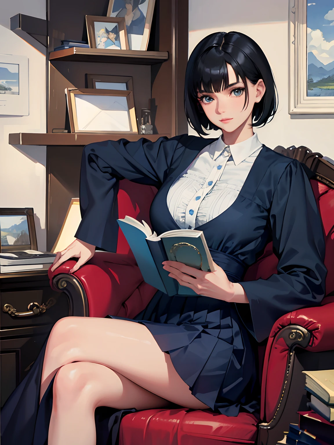 (highest resolution, distinct_image), best quality, masterpiece, highly detailed, semi realistic, a woman with short black hair, mature woman, triple bangs, blue uniform, blue pleated skirt, military uniform, military academy, studying, holding a book