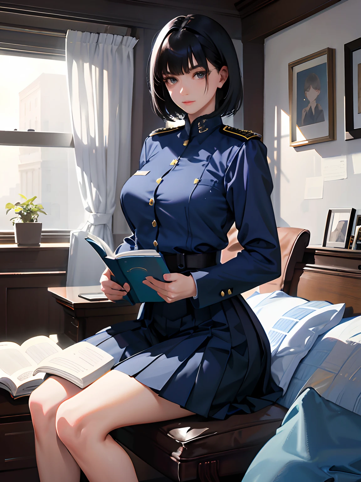 (highest resolution, distinct_image), best quality, masterpiece, highly detailed, semi realistic, a woman with short black hair, mature woman, triple bangs, blue uniform, blue pleated skirt, military uniform, military academy, studying, holding a book