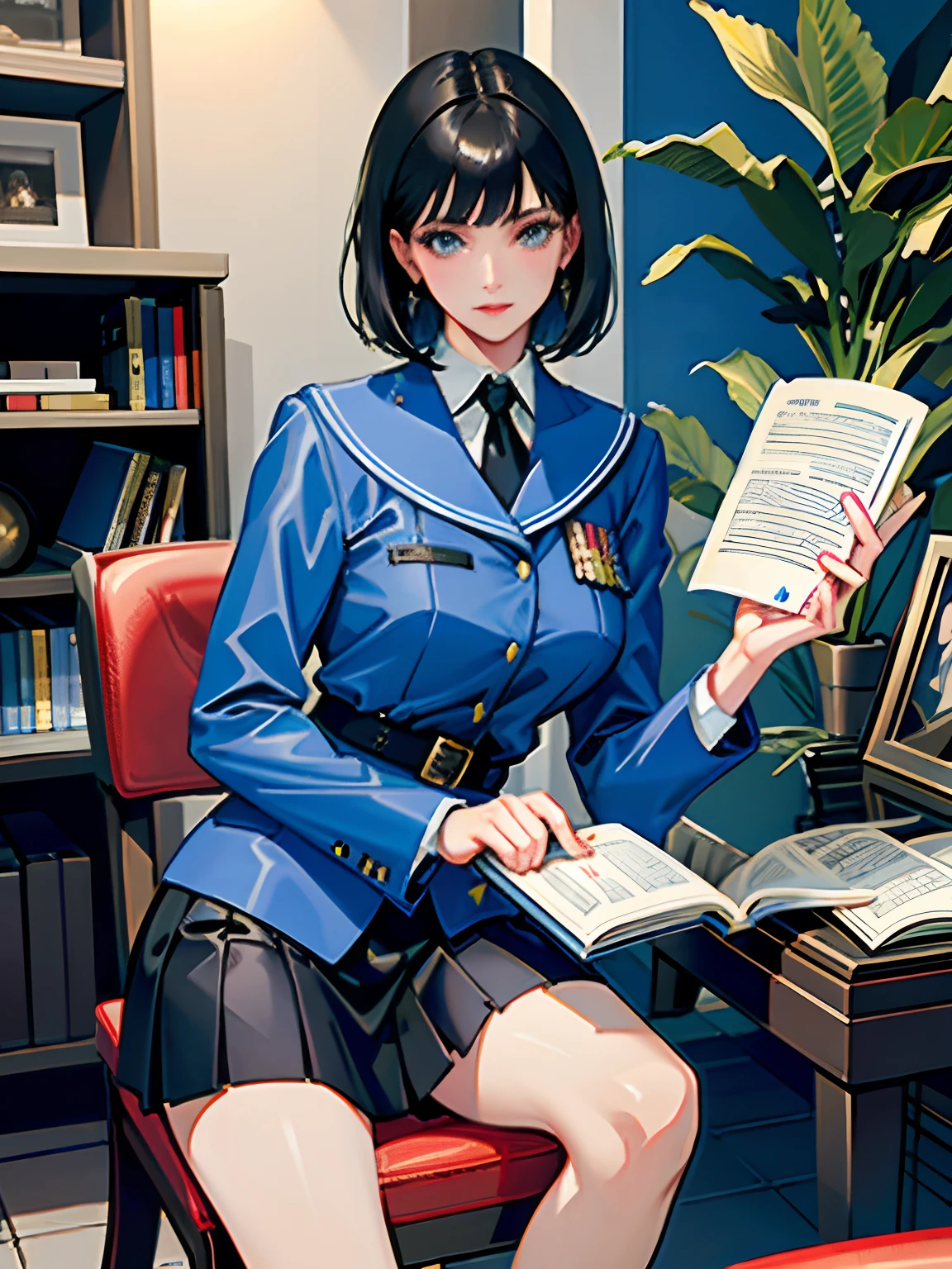 (highest resolution, distinct_image), best quality, masterpiece, highly detailed, semi realistic, a woman with short black hair, mature woman, triple bangs, blue uniform, blue pleated skirt, military uniform, military academy, studying, holding a book