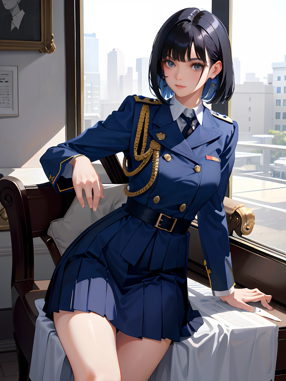 (highest resolution, distinct_image), best quality, masterpiece, highly detailed, semi realistic, a woman with short black hair, mature woman, triple bangs, blue uniform, blue pleated skirt, military uniform, main perspective, military academy, dining, lunch, and being with classmates,